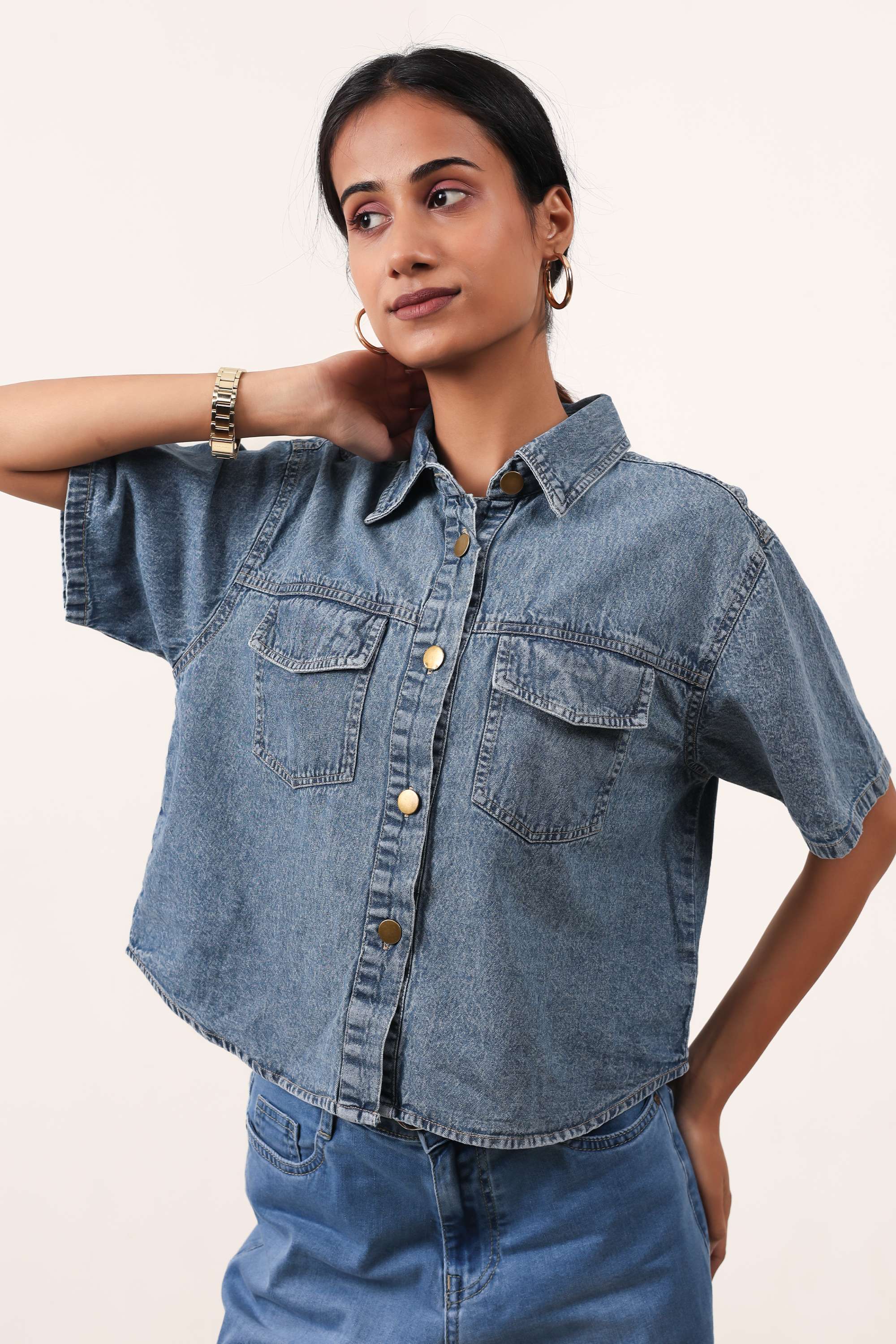 Solid-Blended-Fabric-Collared-Women-s-Shirt