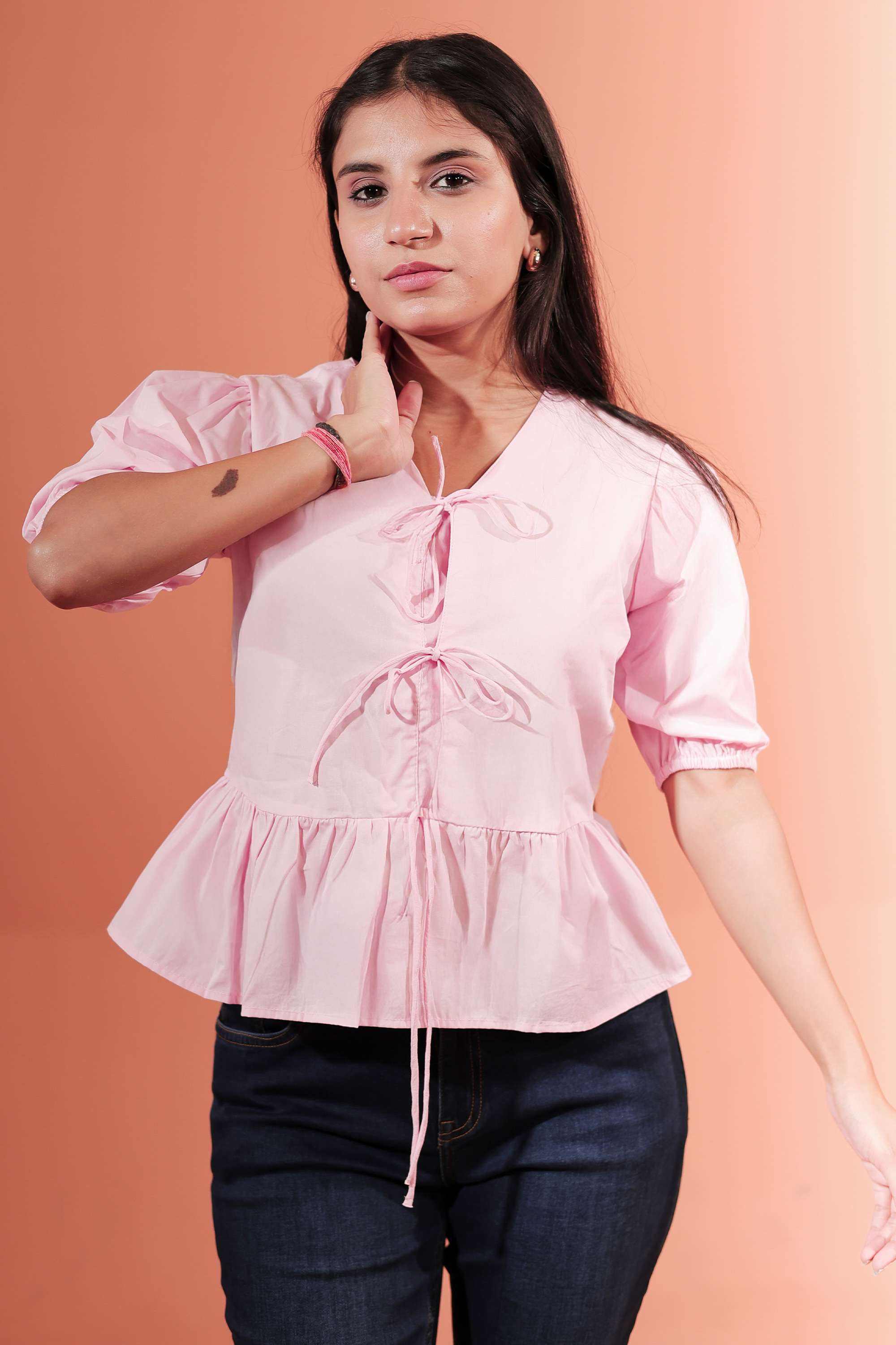 Solid-Blended-Fabric-Tie-Up-Neck-Women-s-Top