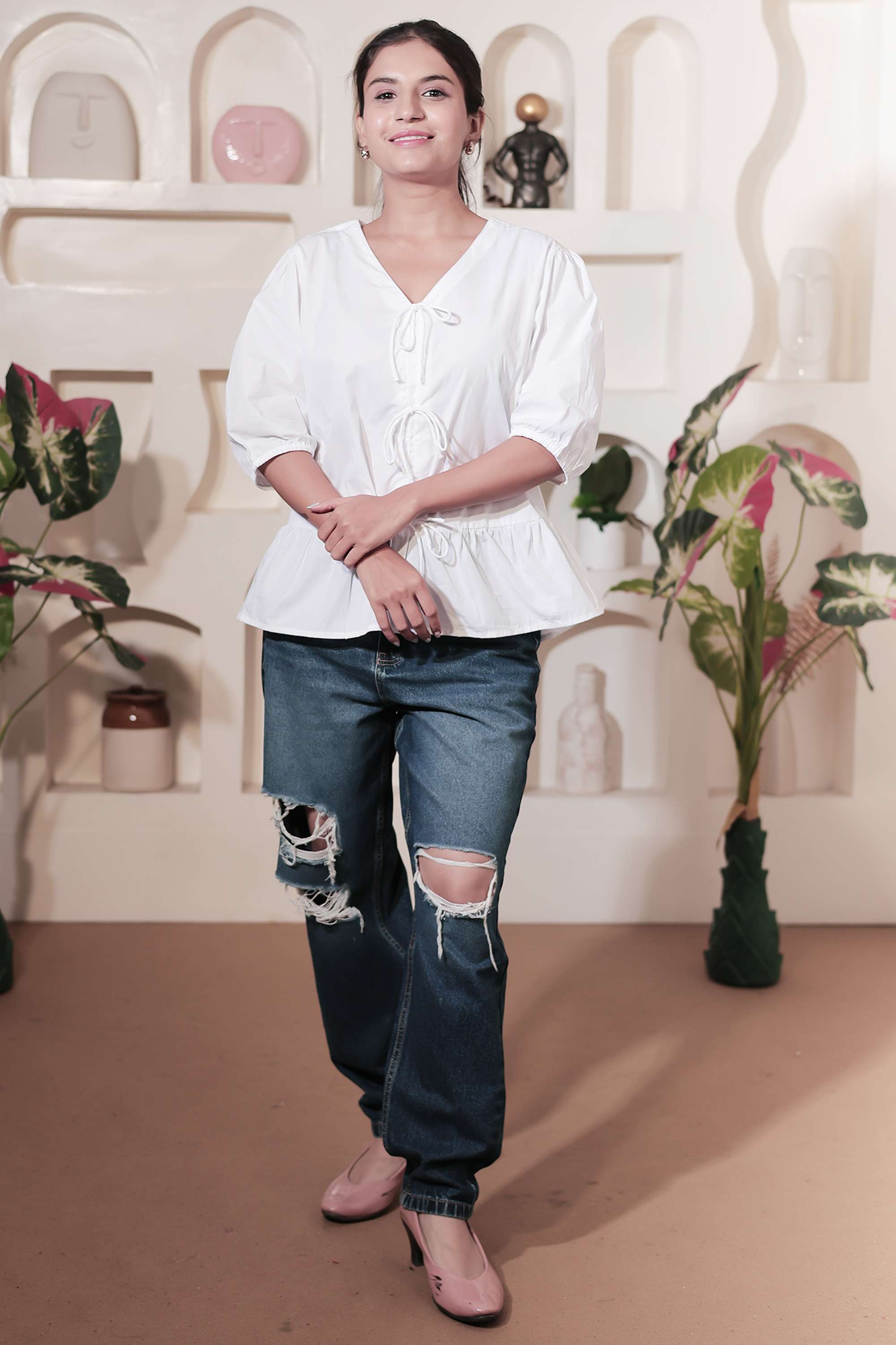 Solid-Blended-Fabric-Tie-Up-Neck-Women-s-Top