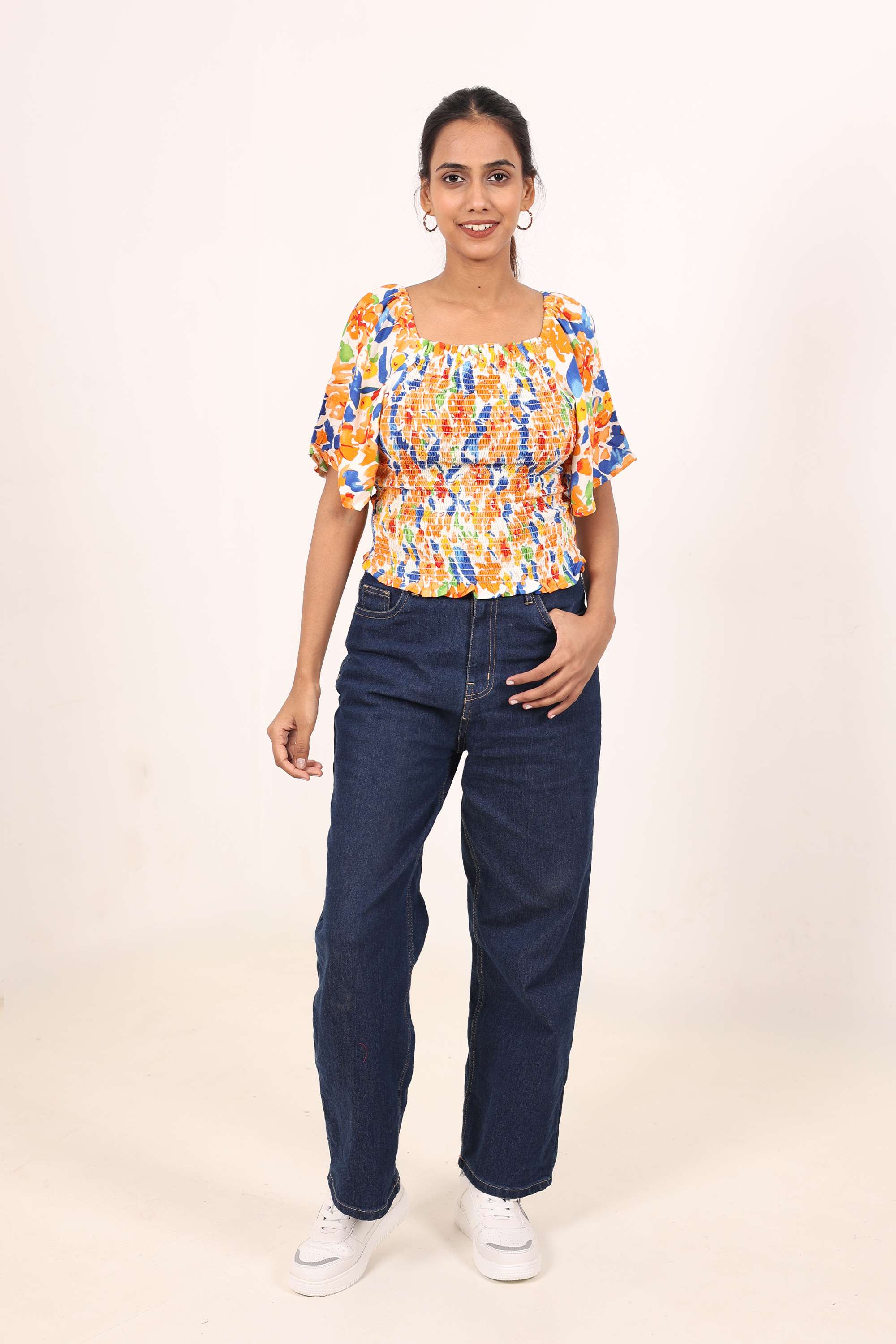 Floral-Square-Neck-Blended-Fabric-Women-s-Casual-Wear-Top