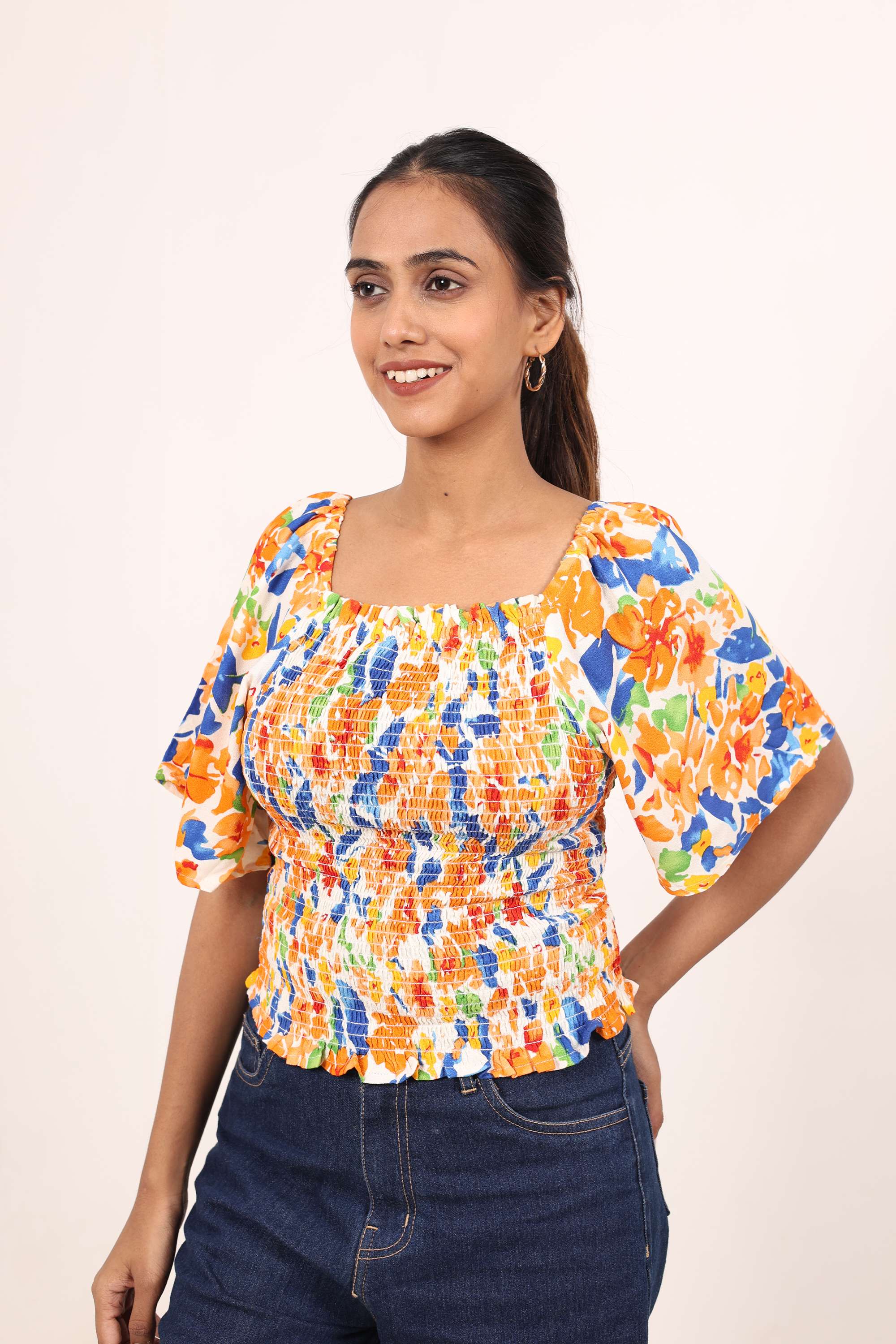 Floral-Square-Neck-Blended-Fabric-Women-s-Casual-Wear-Top