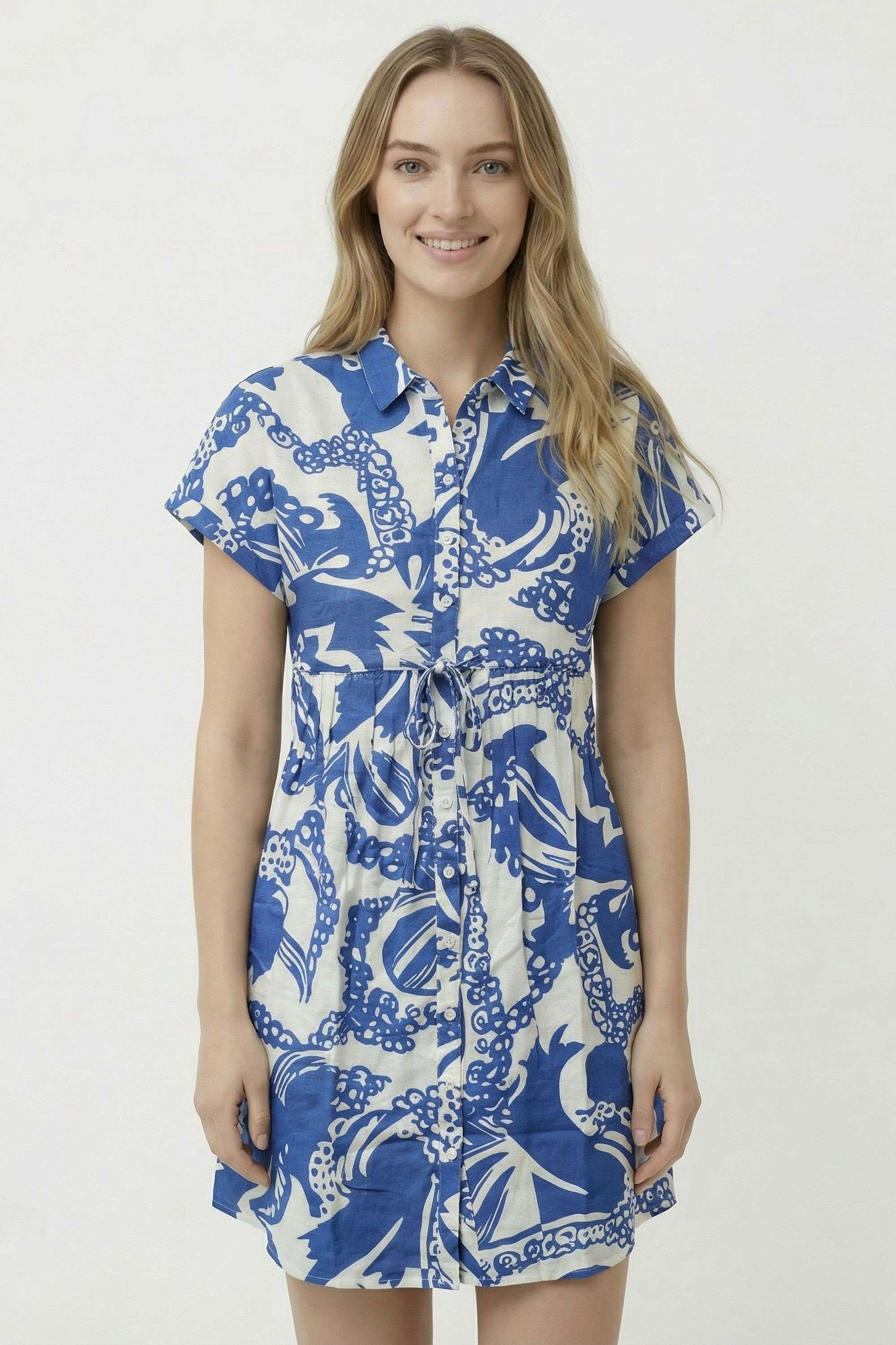 Solid-Collared-Blended-Fabric-Women-Dress