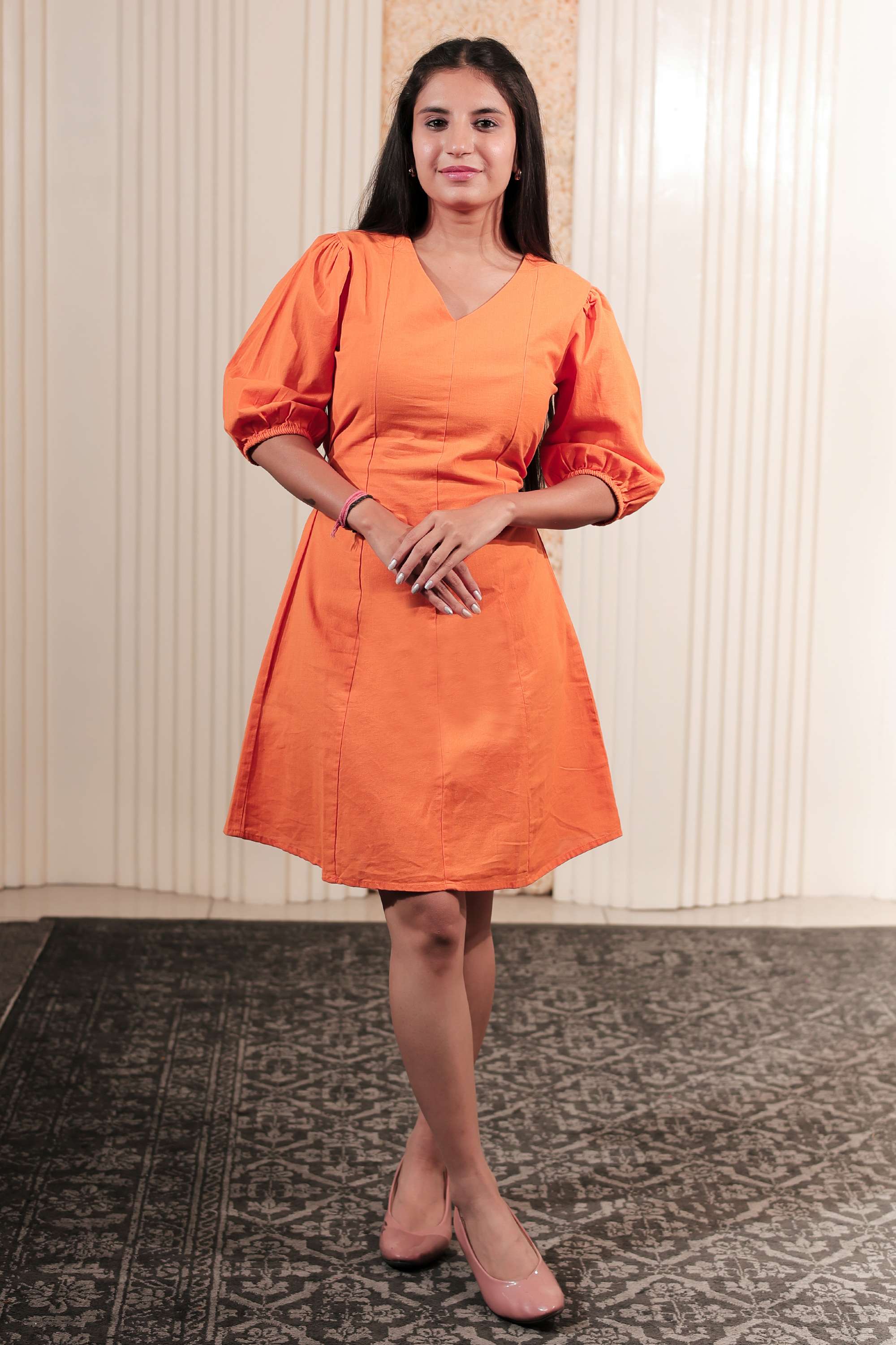 Solid-Blended-Fabric-V-Neck-Women-s-Casual-Wear-Dress