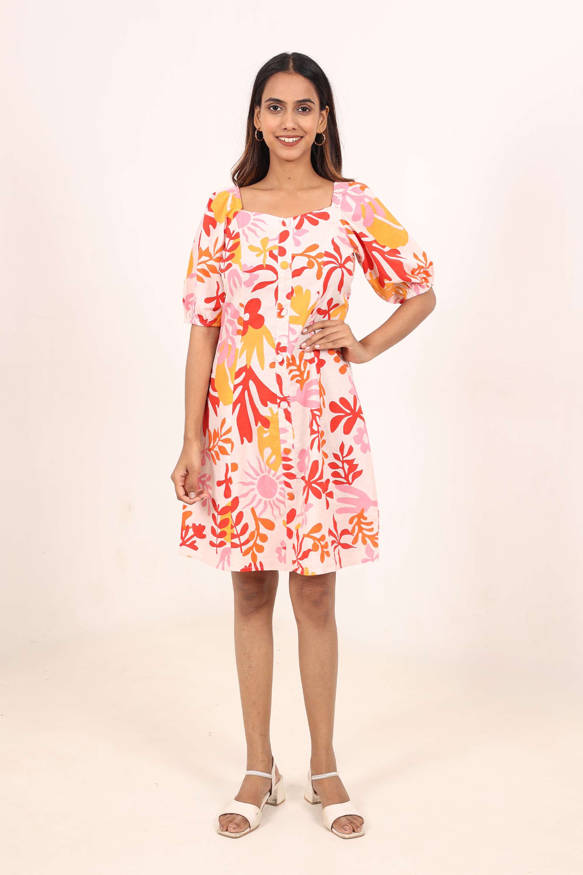 Floral-Blended-Fabric-Square-Neck-Women-s-Casual-Wear-Dress