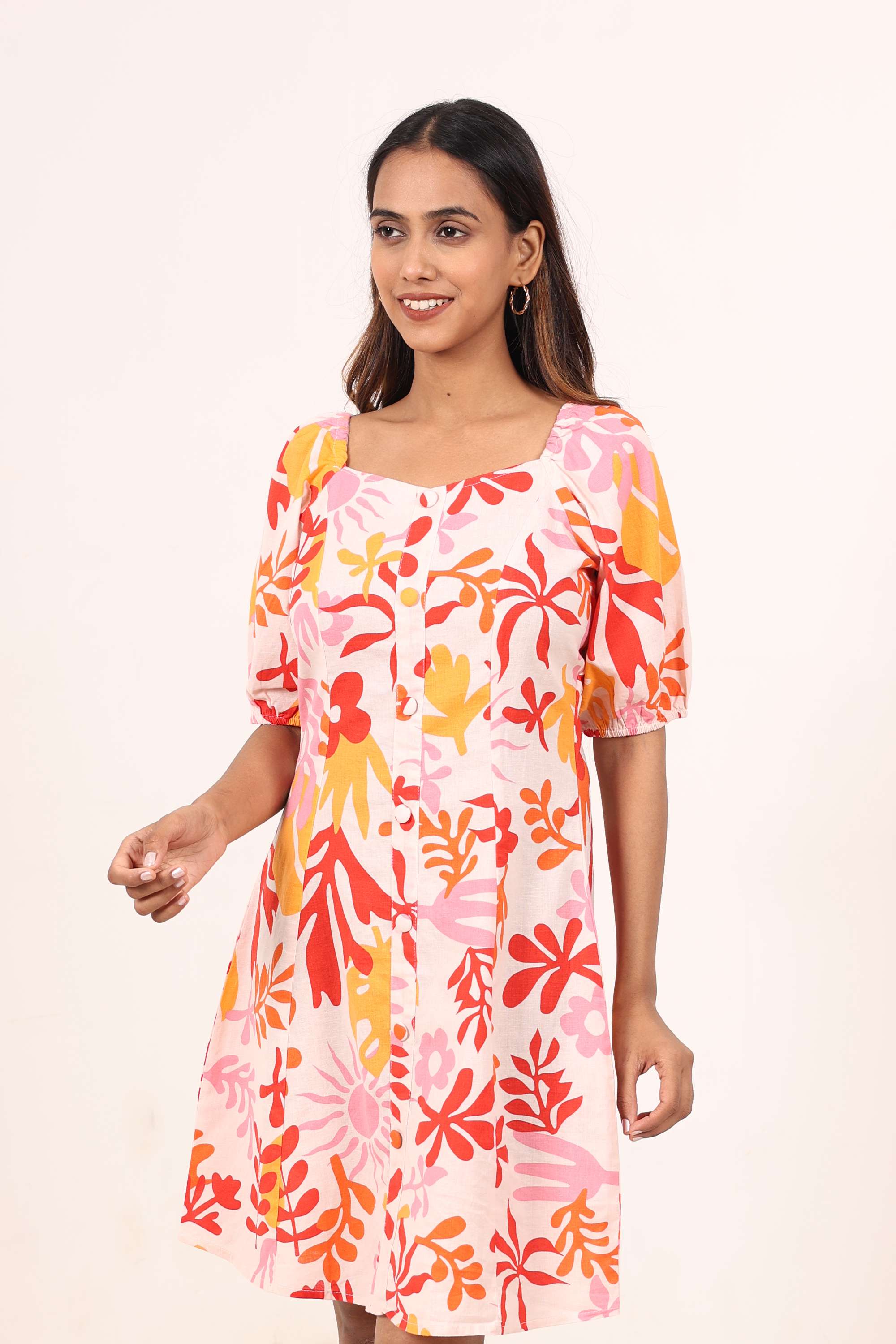 Floral-Blended-Fabric-Square-Neck-Women-s-Casual-Wear-Dress
