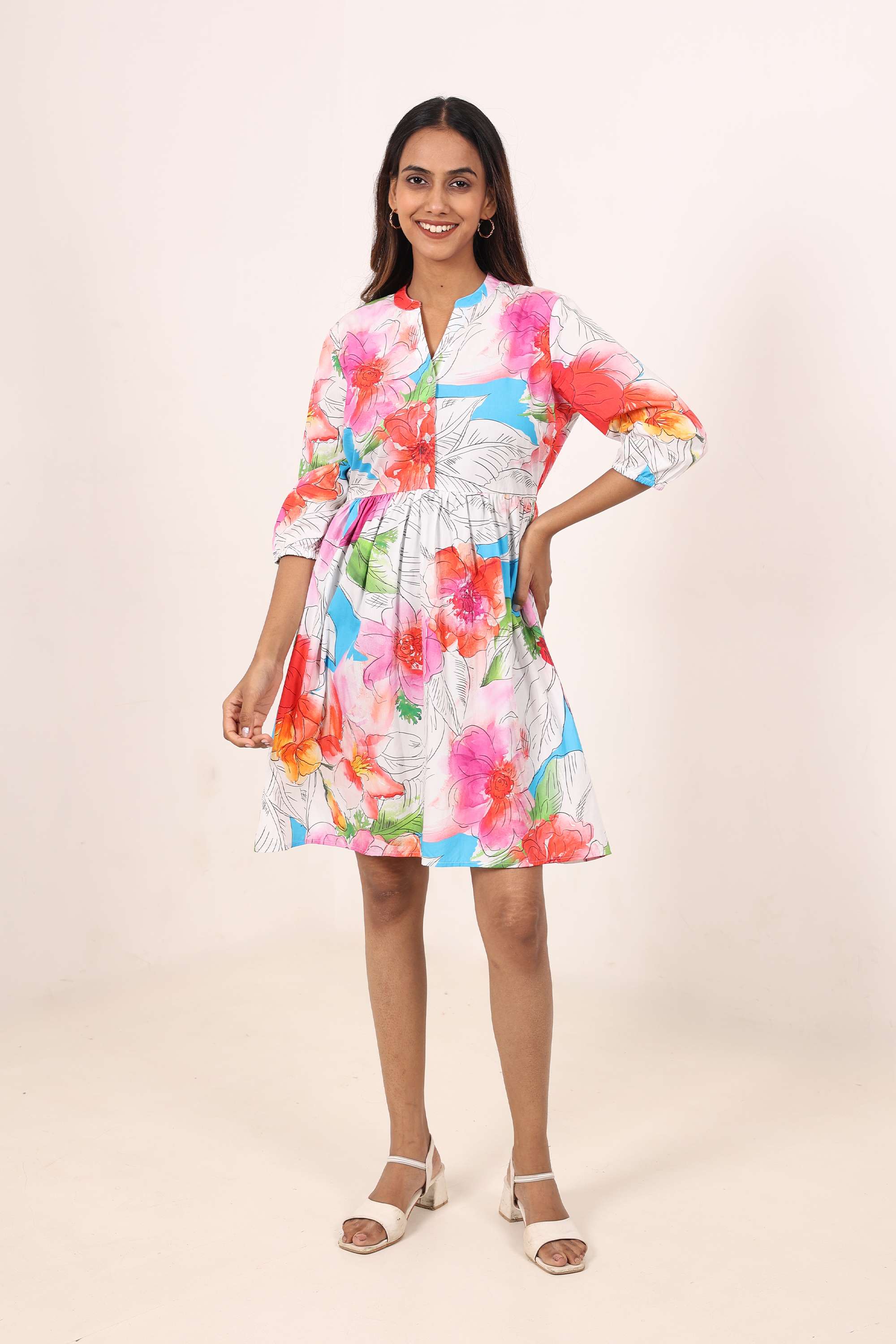 Floral-Blended-Fabric-Y-Neck-Women-s-Dress