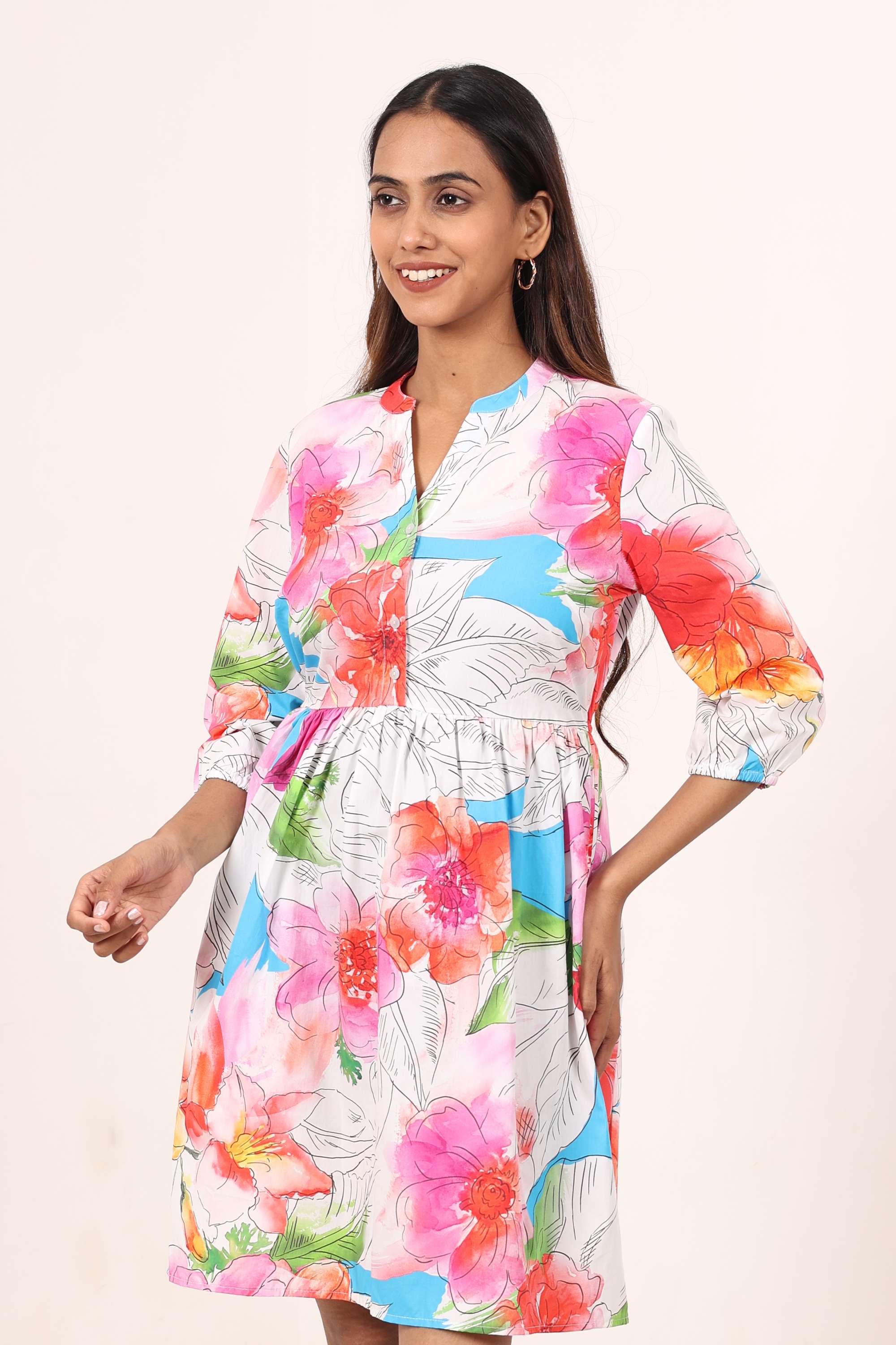 Floral-Blended-Fabric-Y-Neck-Women-s-Dress