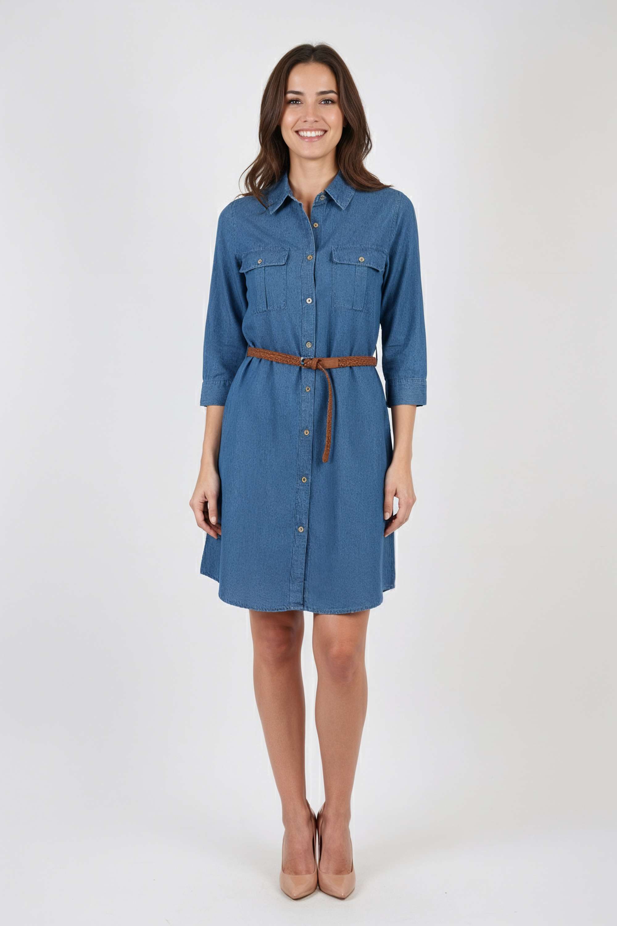 Solid-Collared-Blended-Fabric-Women-Dress