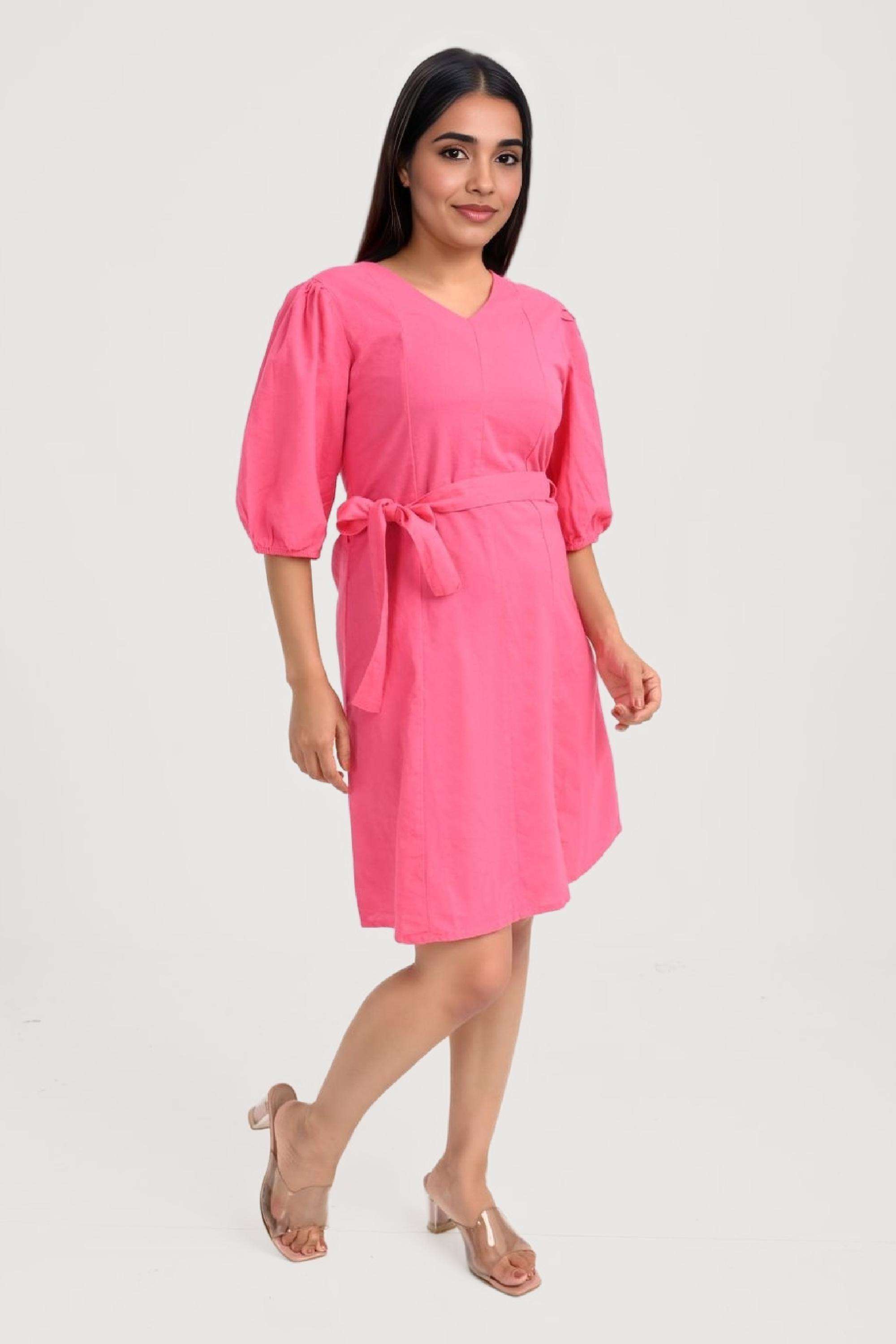 Solid-Blended-Fabric-V-Neck-Women-s-Casual-Wear-Dress