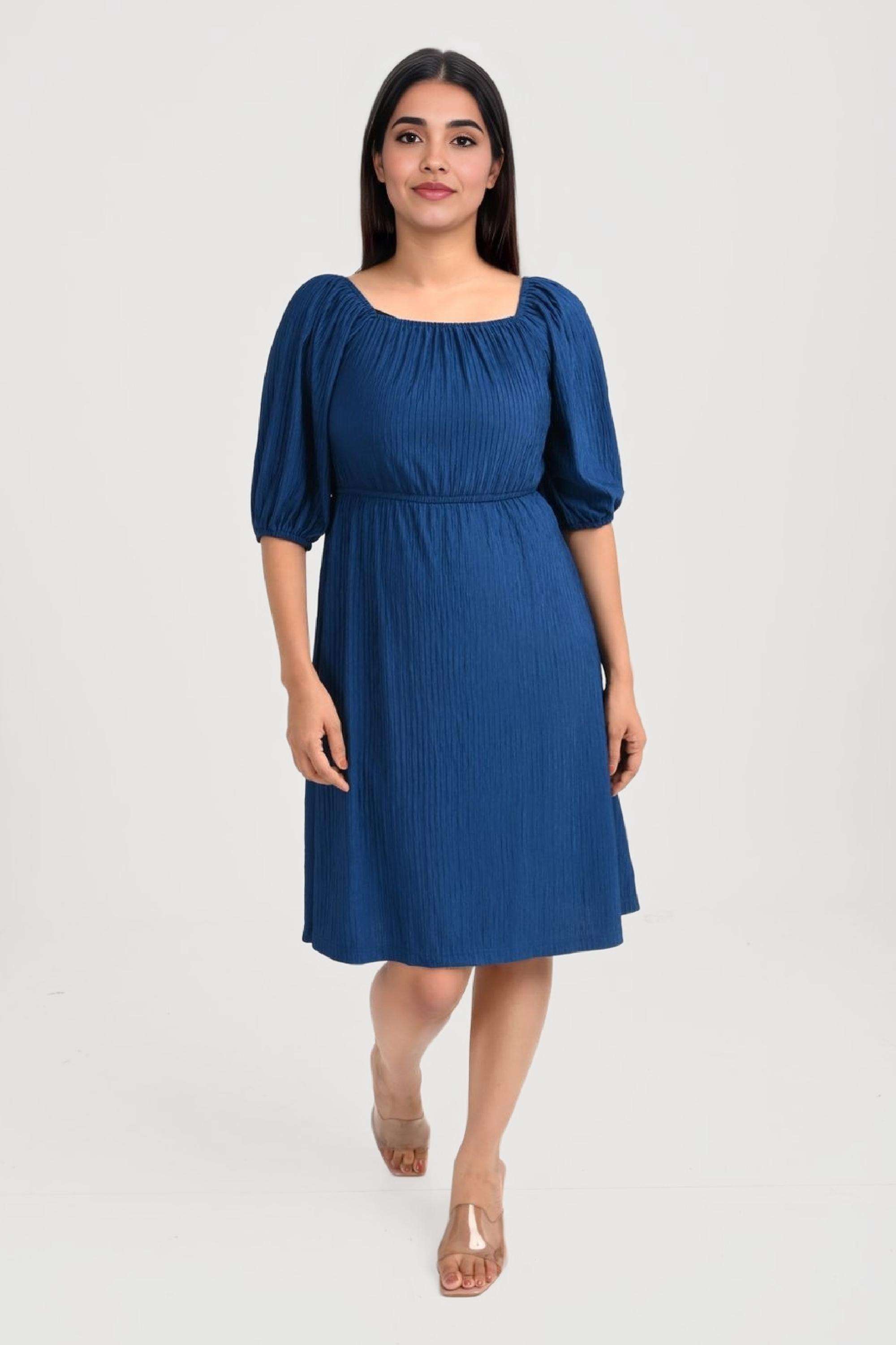 Solid-Blended-Fabric-Square-Neck-Women-s-Casual-Wear-Dress