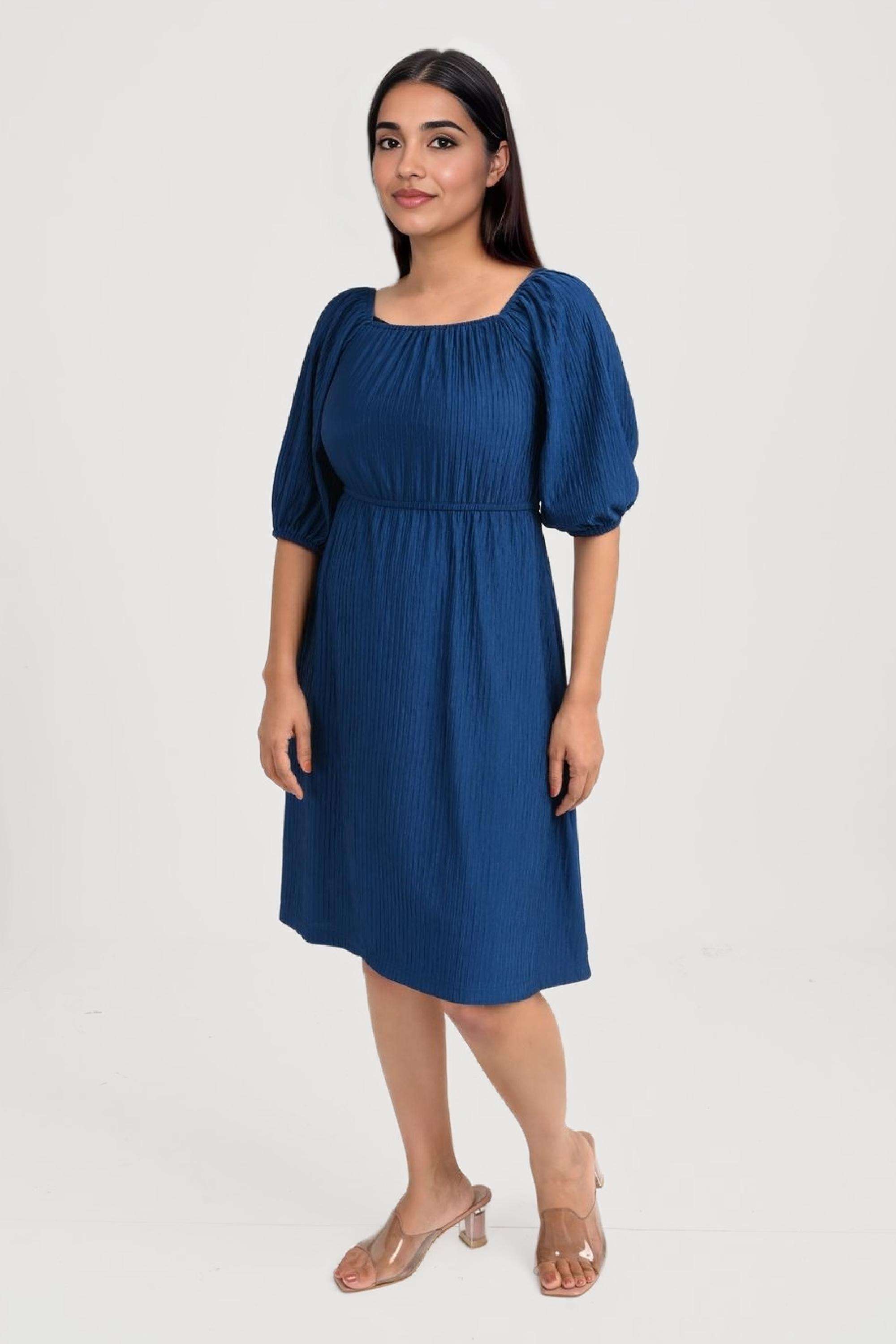 Solid-Blended-Fabric-Square-Neck-Women-s-Casual-Wear-Dress