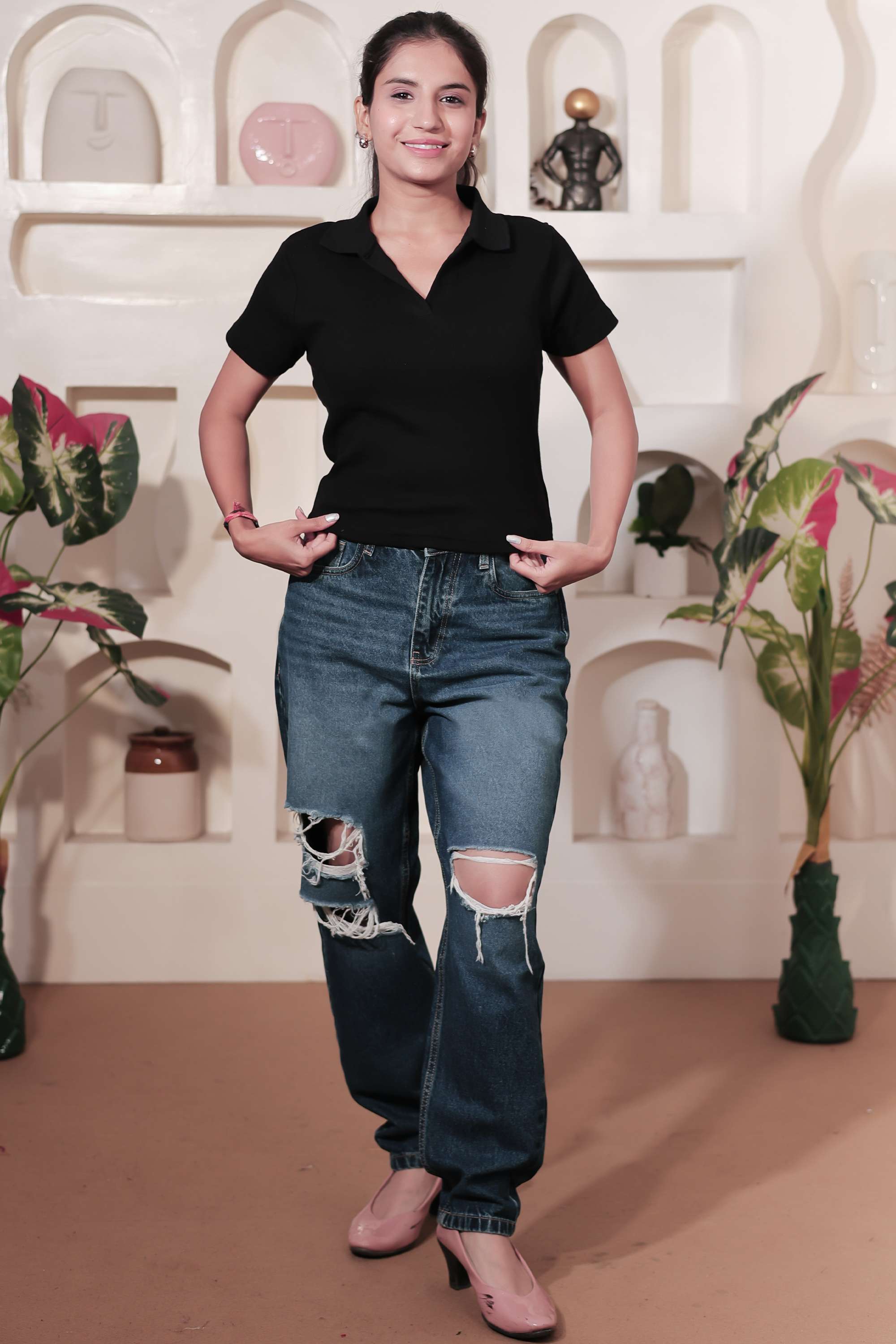 Solid-Blended-Round-Neck-Women-s-T-Shirt