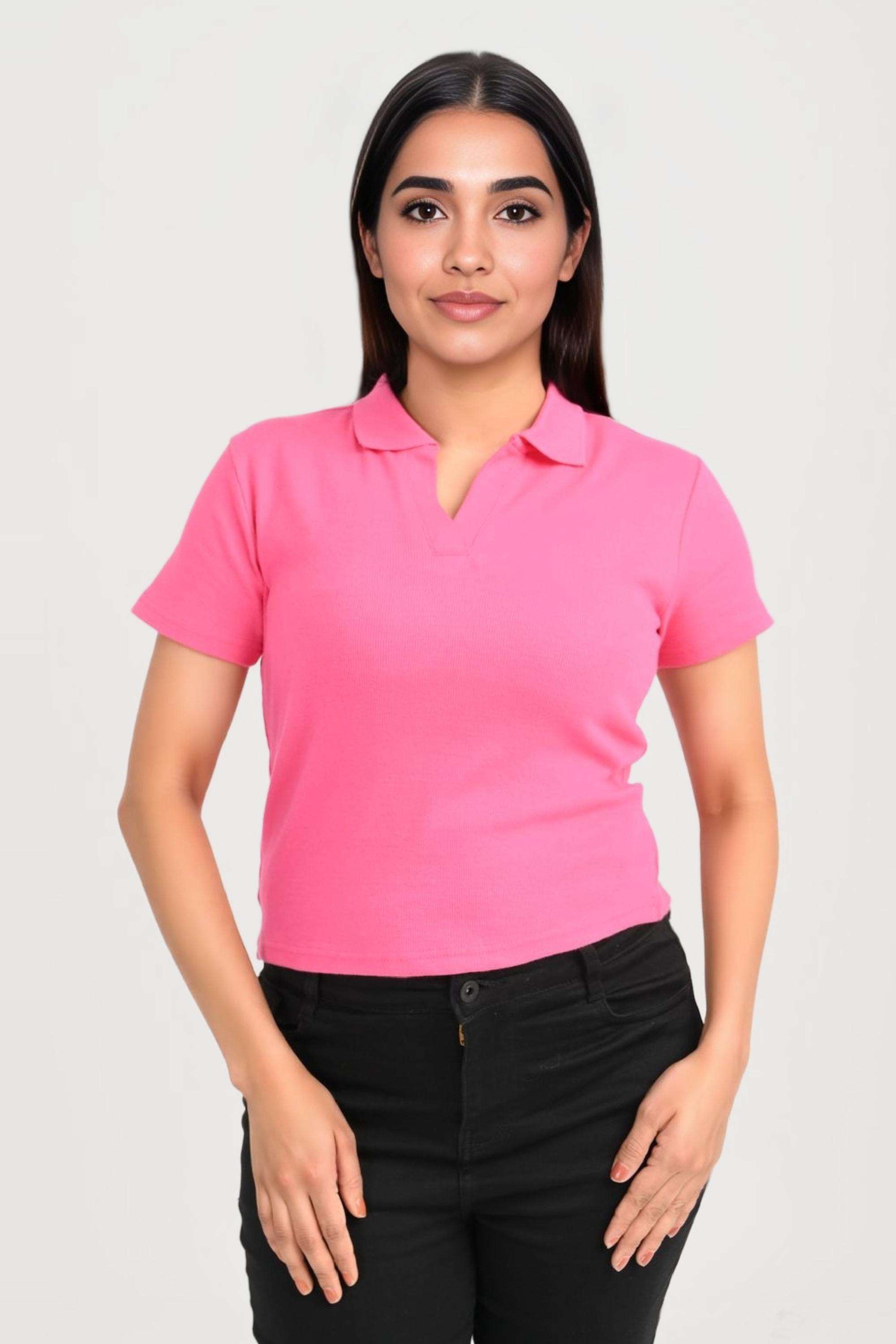 Solid-Blended-Fabric-Collared-Women-s-T-Shirt
