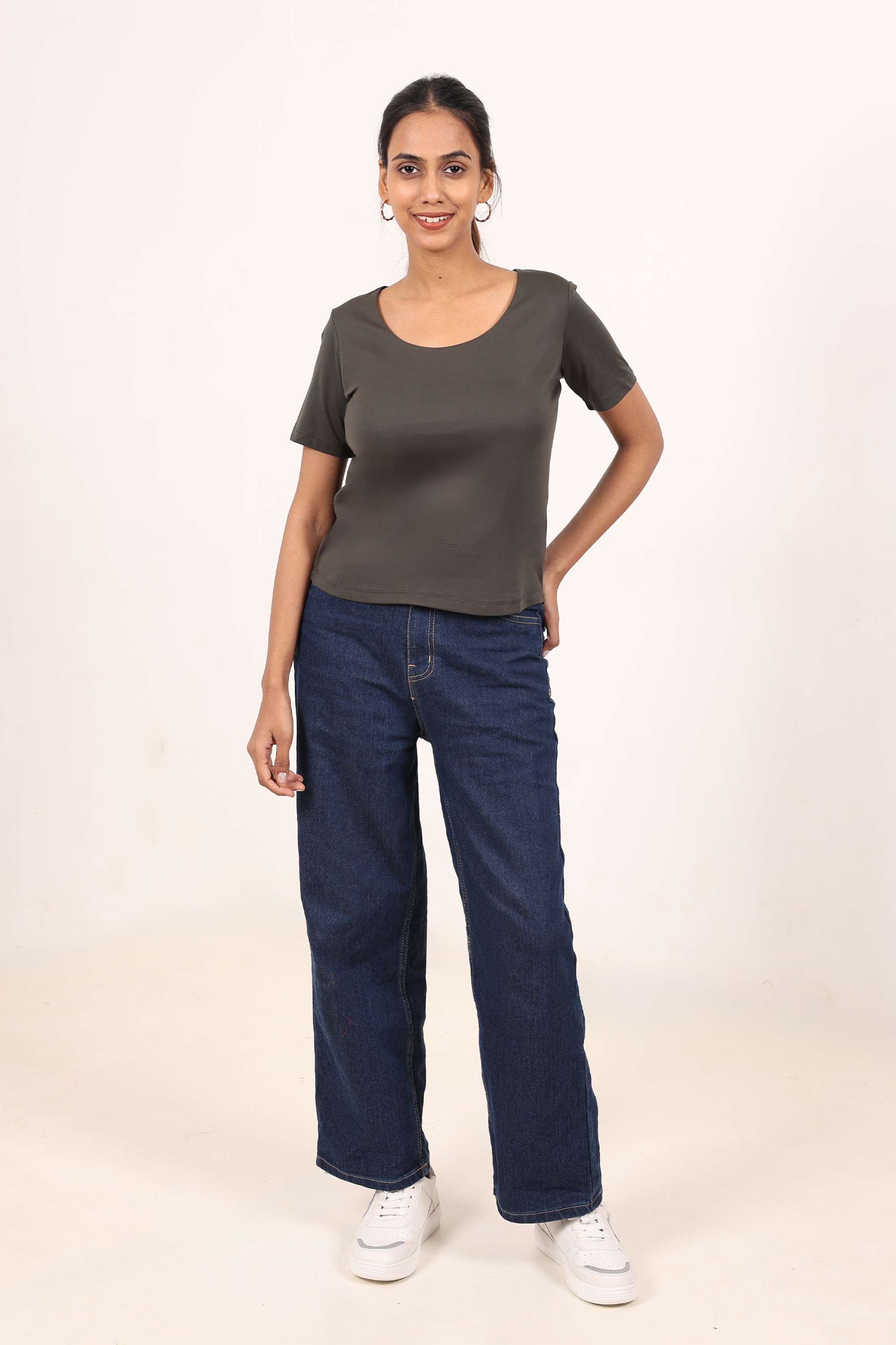 Solid-Round-Neck-Blended-Fabric-Women-s-Casual-Wear-Top