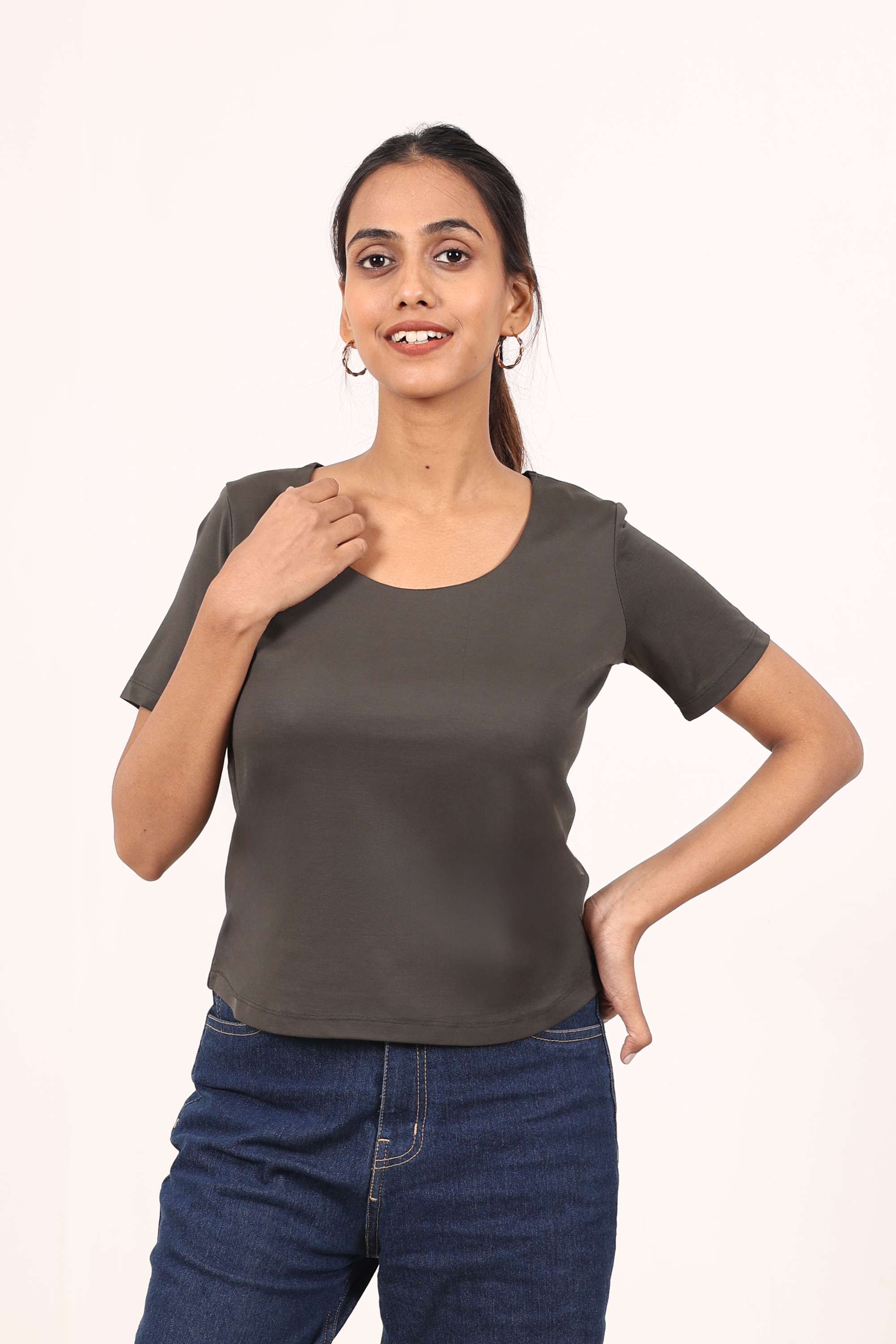 Solid-Round-Neck-Blended-Fabric-Women-s-Casual-Wear-Top