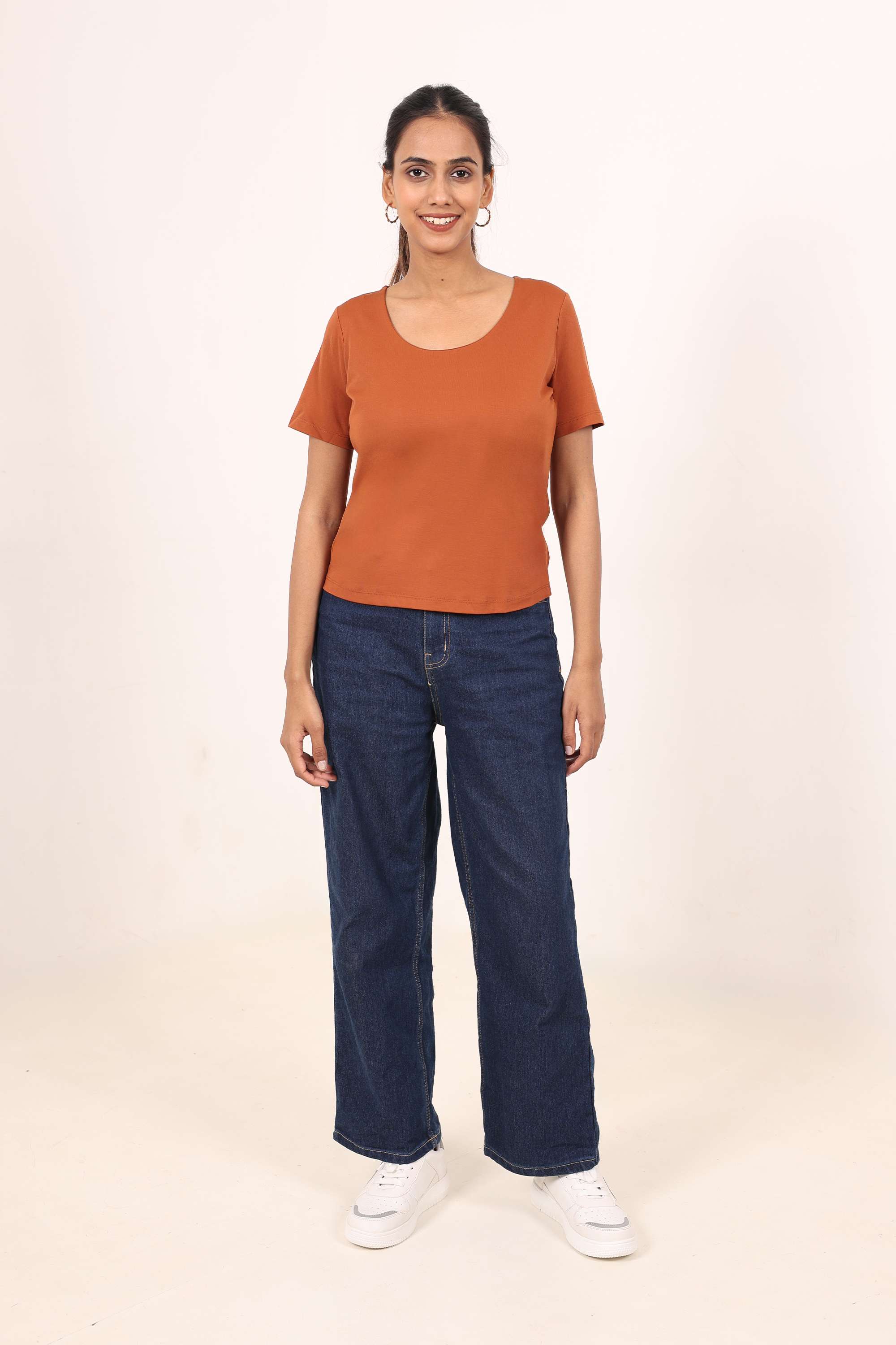 Solid-Scoop-Neck-Blended-Fabric-Women-s-Casual-Wear-Top