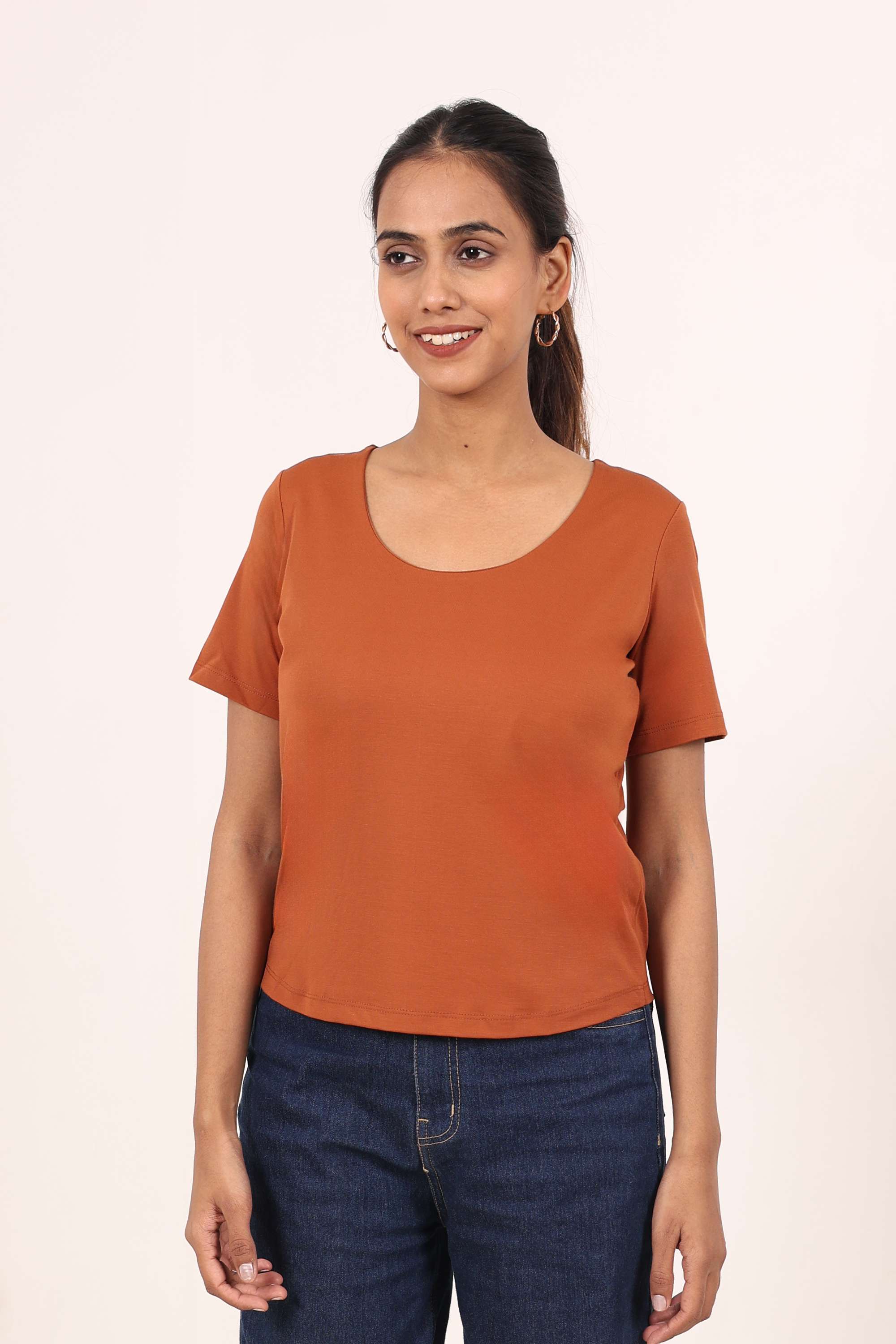 Solid-Scoop-Neck-Blended-Fabric-Women-s-Casual-Wear-Top