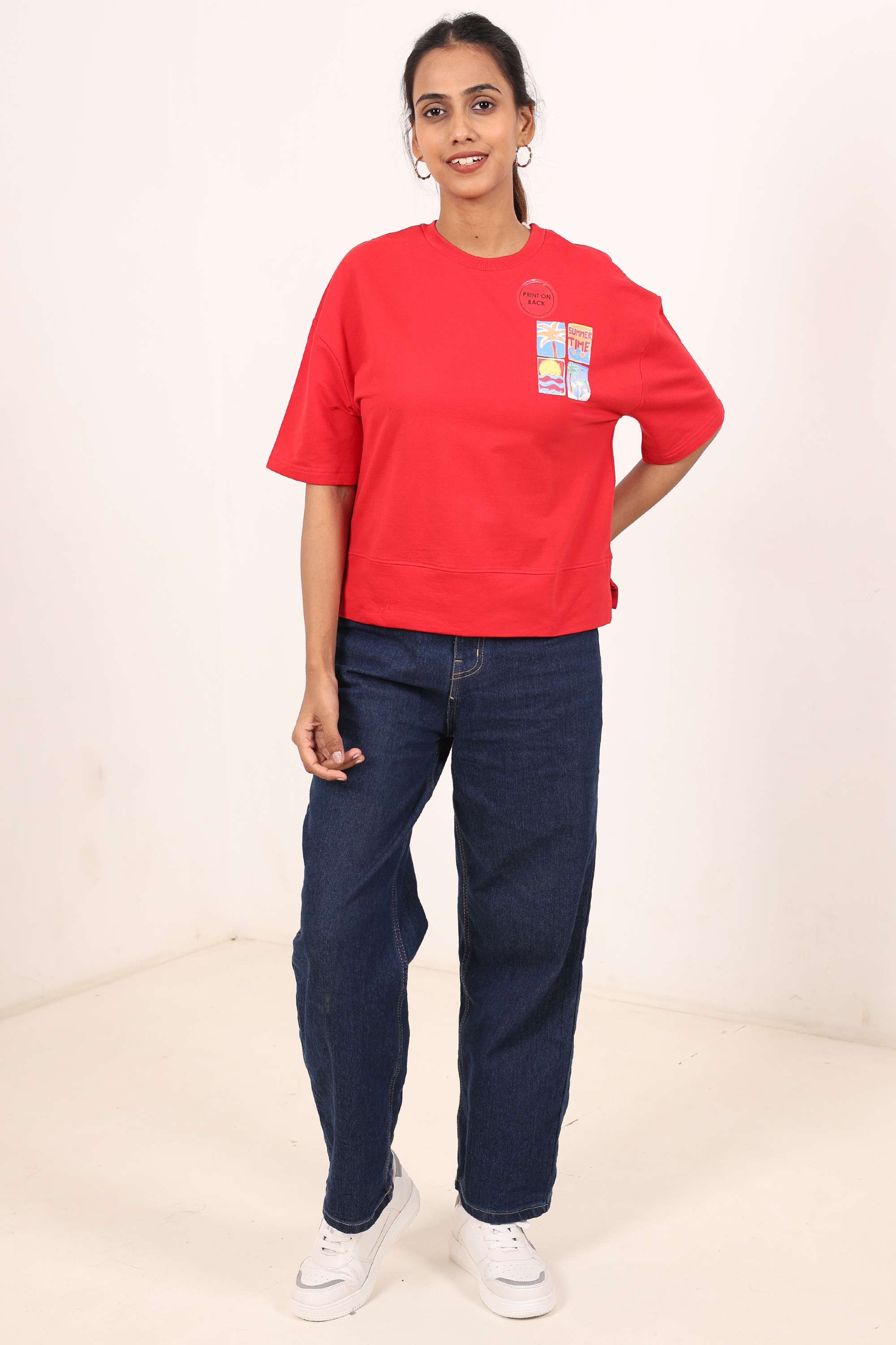 Graphic-Print-Blended-Fabric-Round-Neck-Women-s-T-Shirt