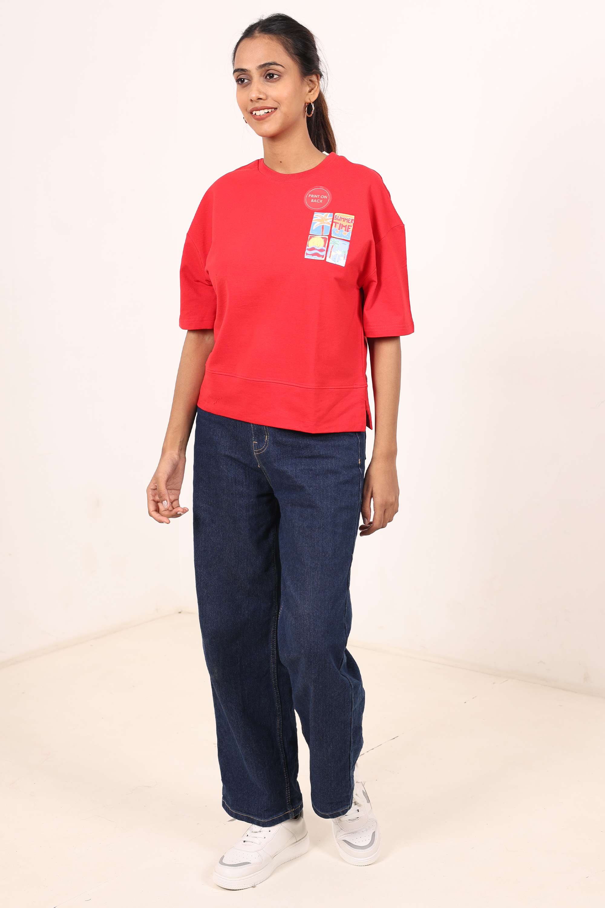 Graphic-Print-Blended-Fabric-Round-Neck-Women-s-T-Shirt
