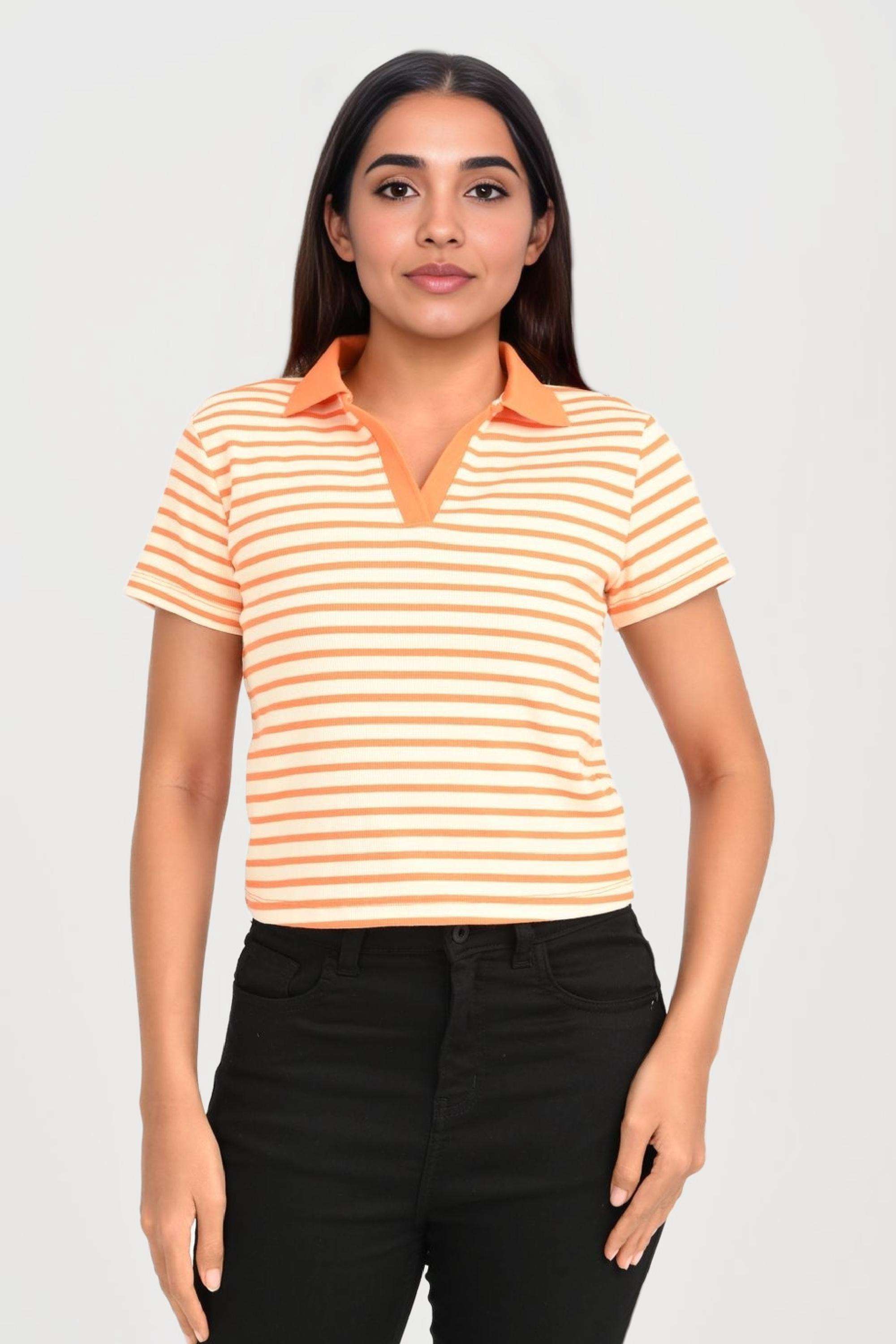 Stripes-Blended-Fabric-Collared-Women-s-T-Shirt