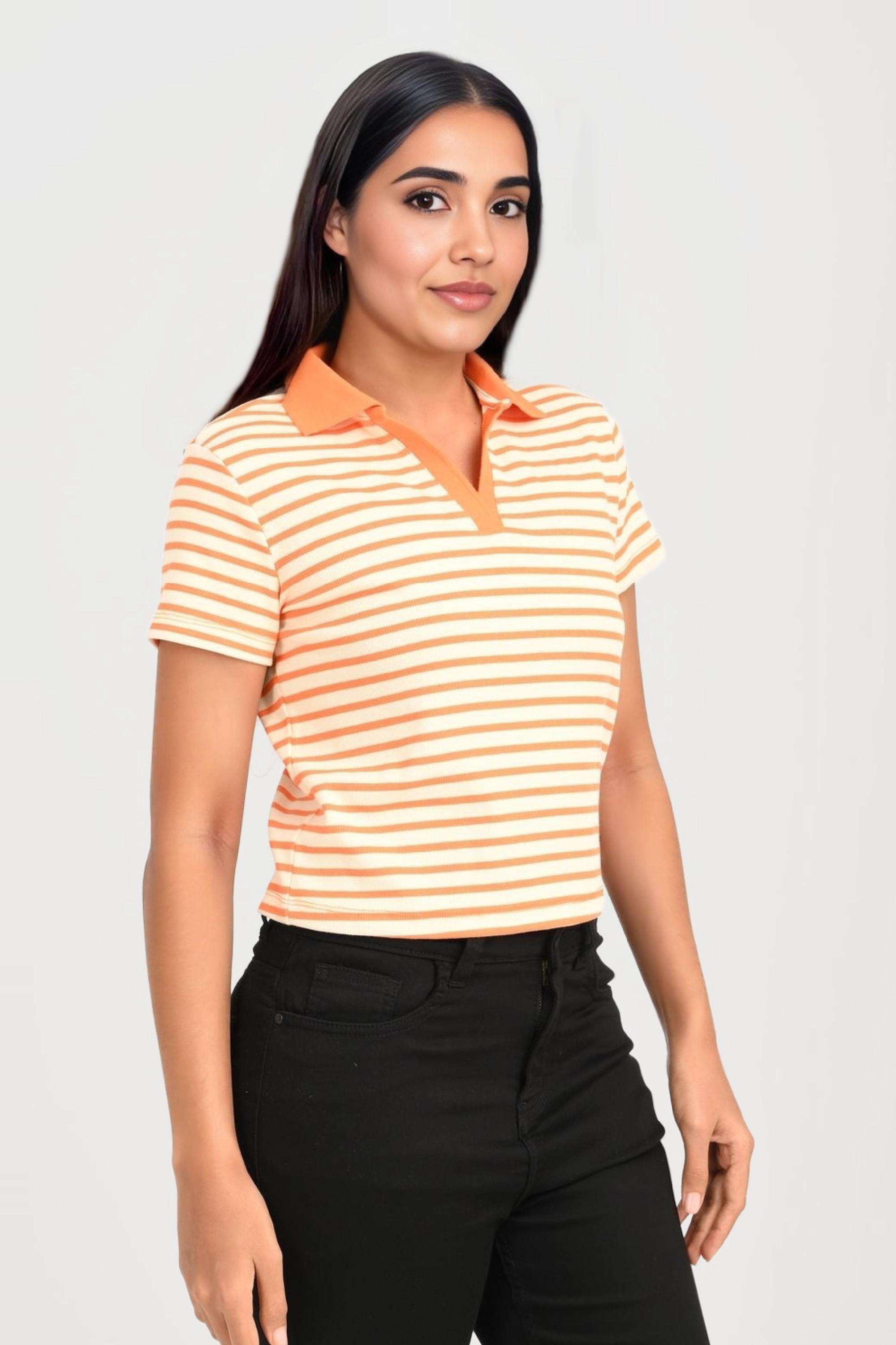Stripes-Blended-Fabric-Collared-Women-s-T-Shirt