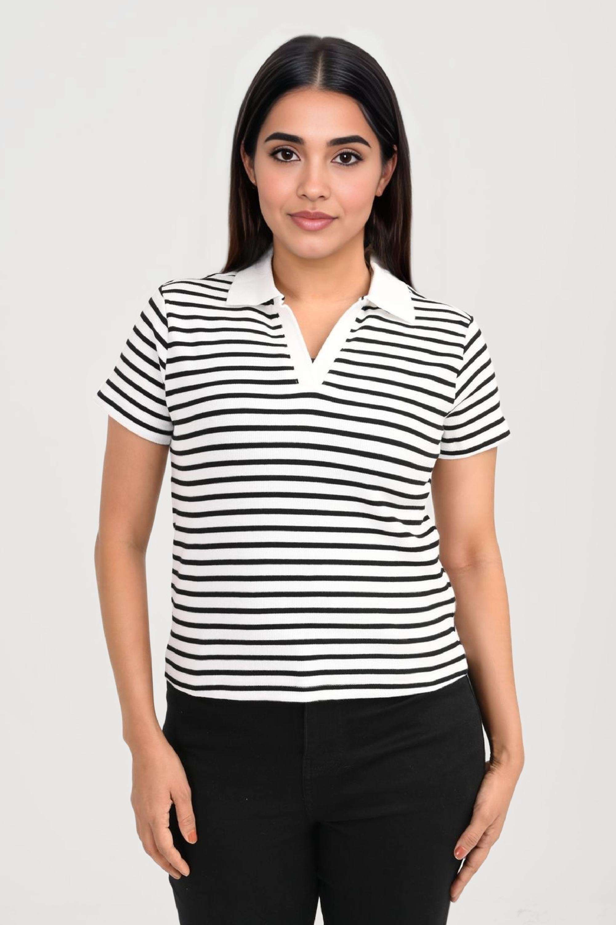 Stripes-Blended-Fabric-Collared-Women-s-T-Shirt