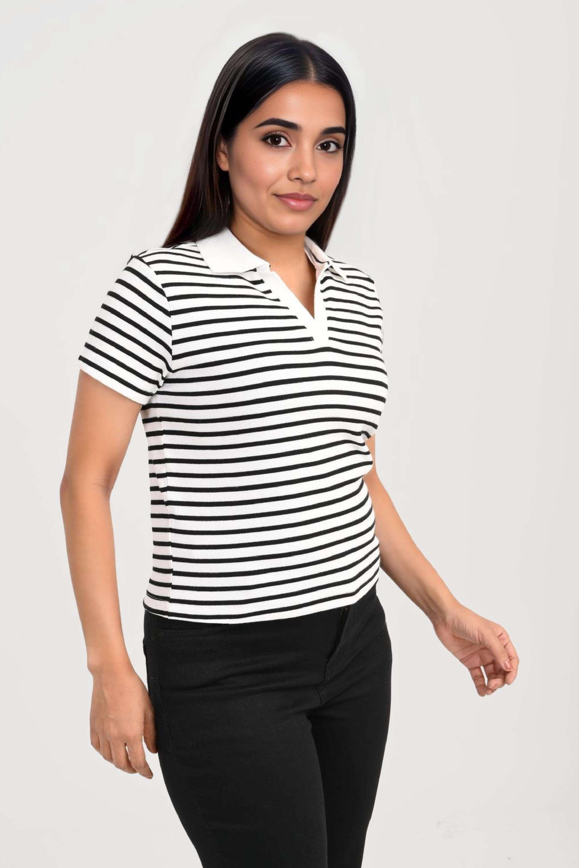 Stripes-Blended-Fabric-Collared-Women-s-T-Shirt