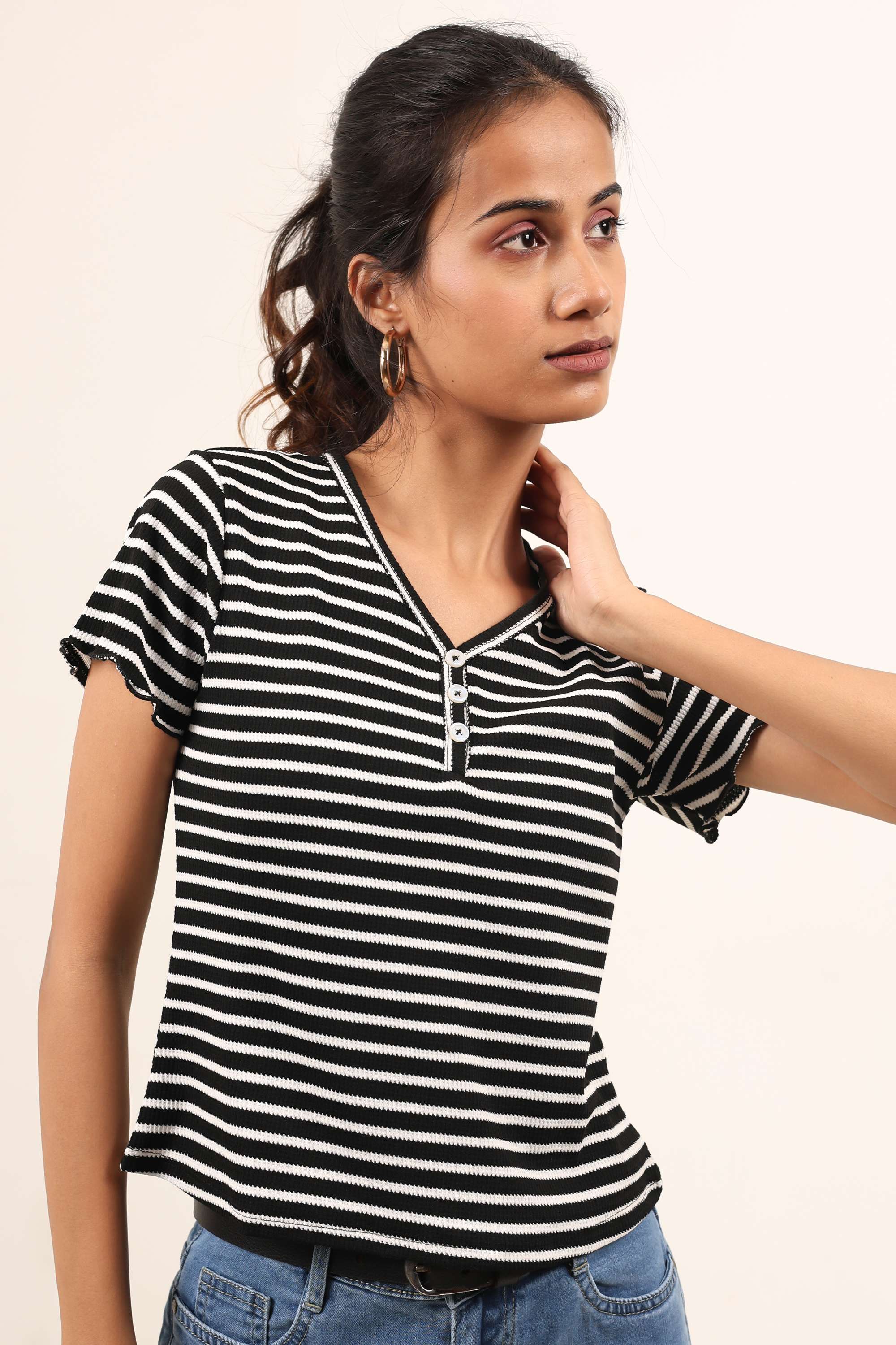 Stripes-Blended-Fabric-Henley-Women-s-T-Shirt