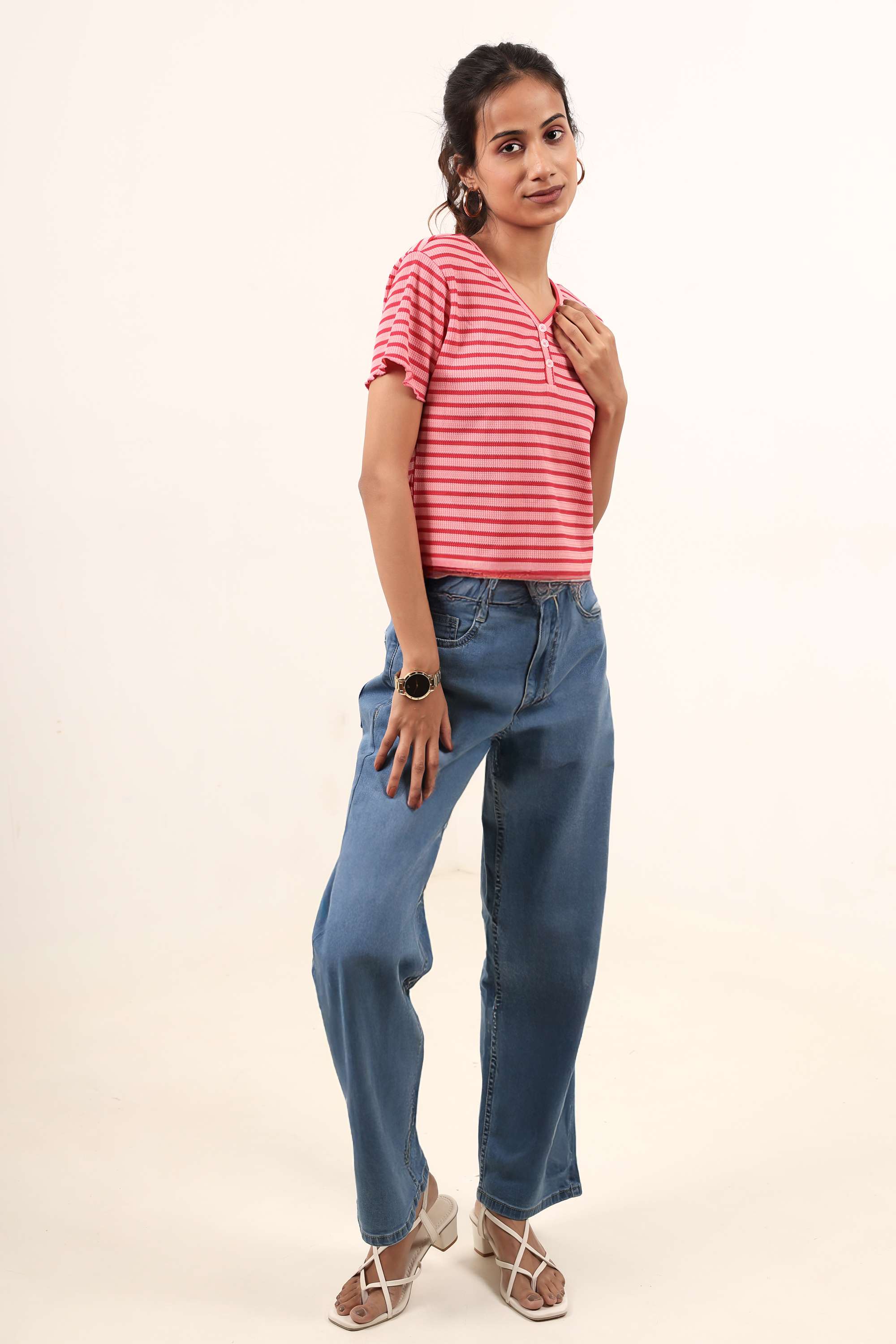 Stripes-Blended-Fabric-Henley-Women-s-T-Shirt