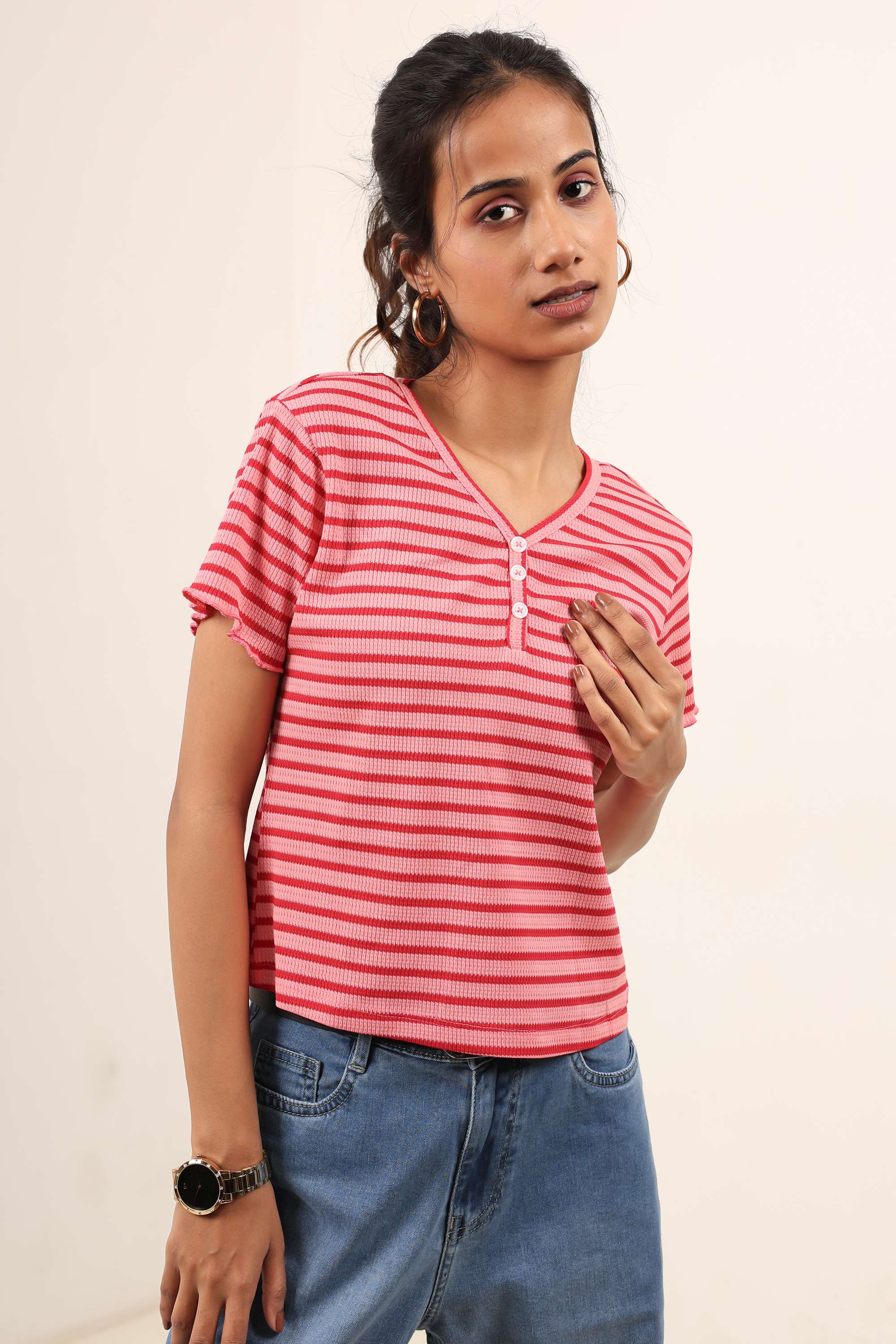 Stripes-Blended-Fabric-Henley-Women-s-T-Shirt