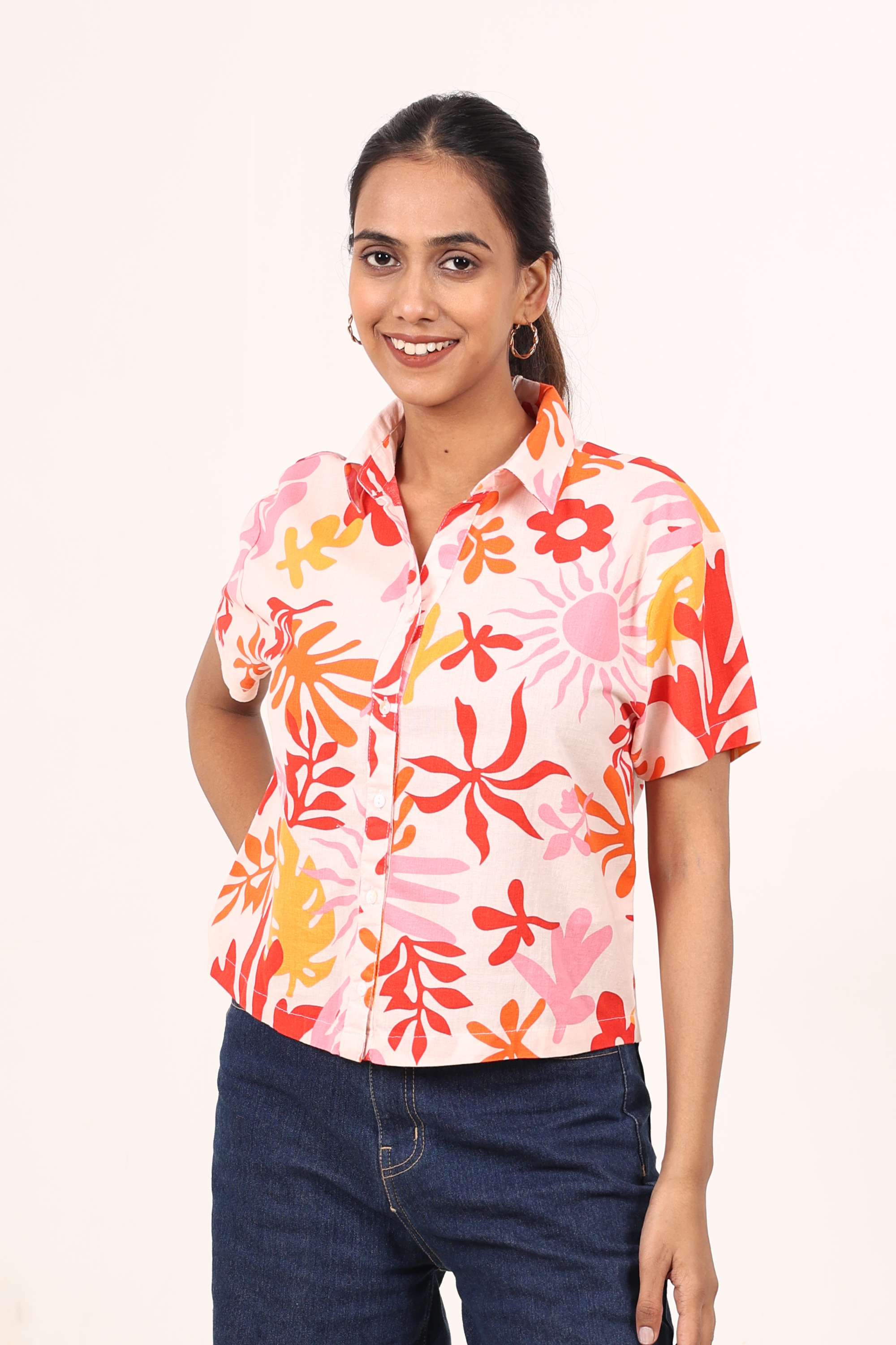 Floral-Collared-Blended-Fabric-Women-s-Casual-Wear-Shirt