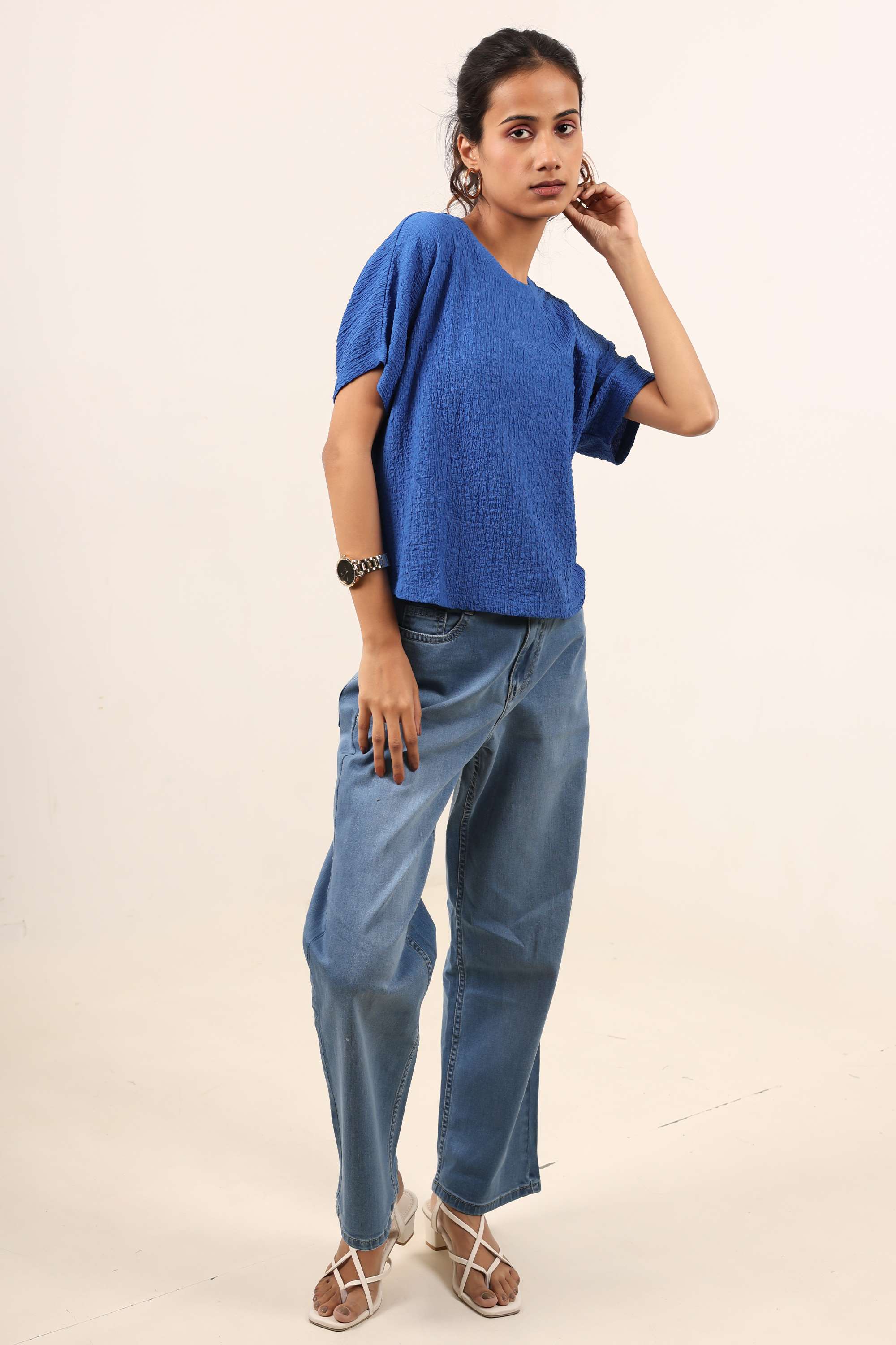 Solid-Blended-Fabric-Round-Neck-Women-s-Top