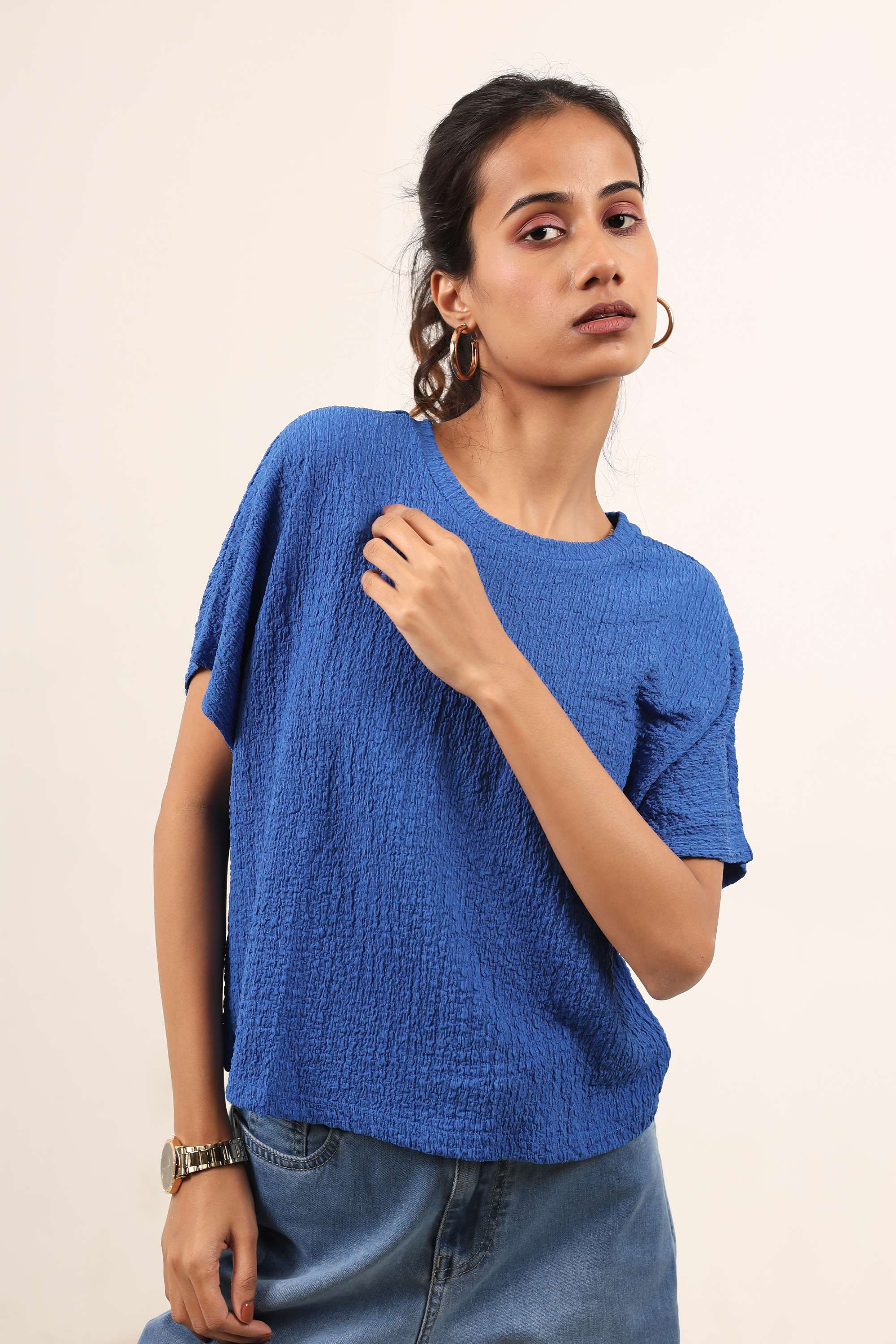 Solid-Blended-Fabric-Round-Neck-Women-s-Top