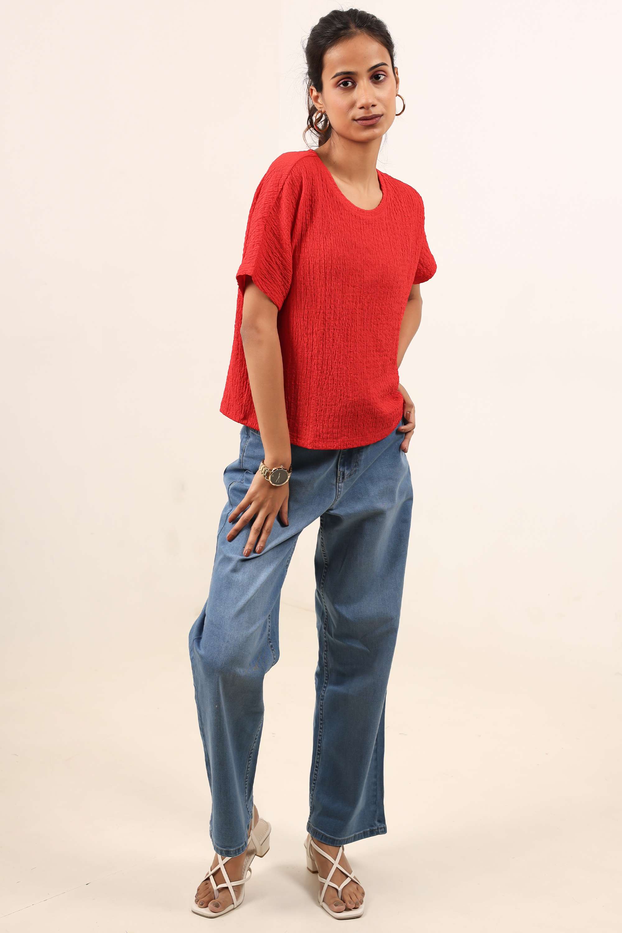 Solid-Blended-Fabric-Round-Neck-Women-s-Top