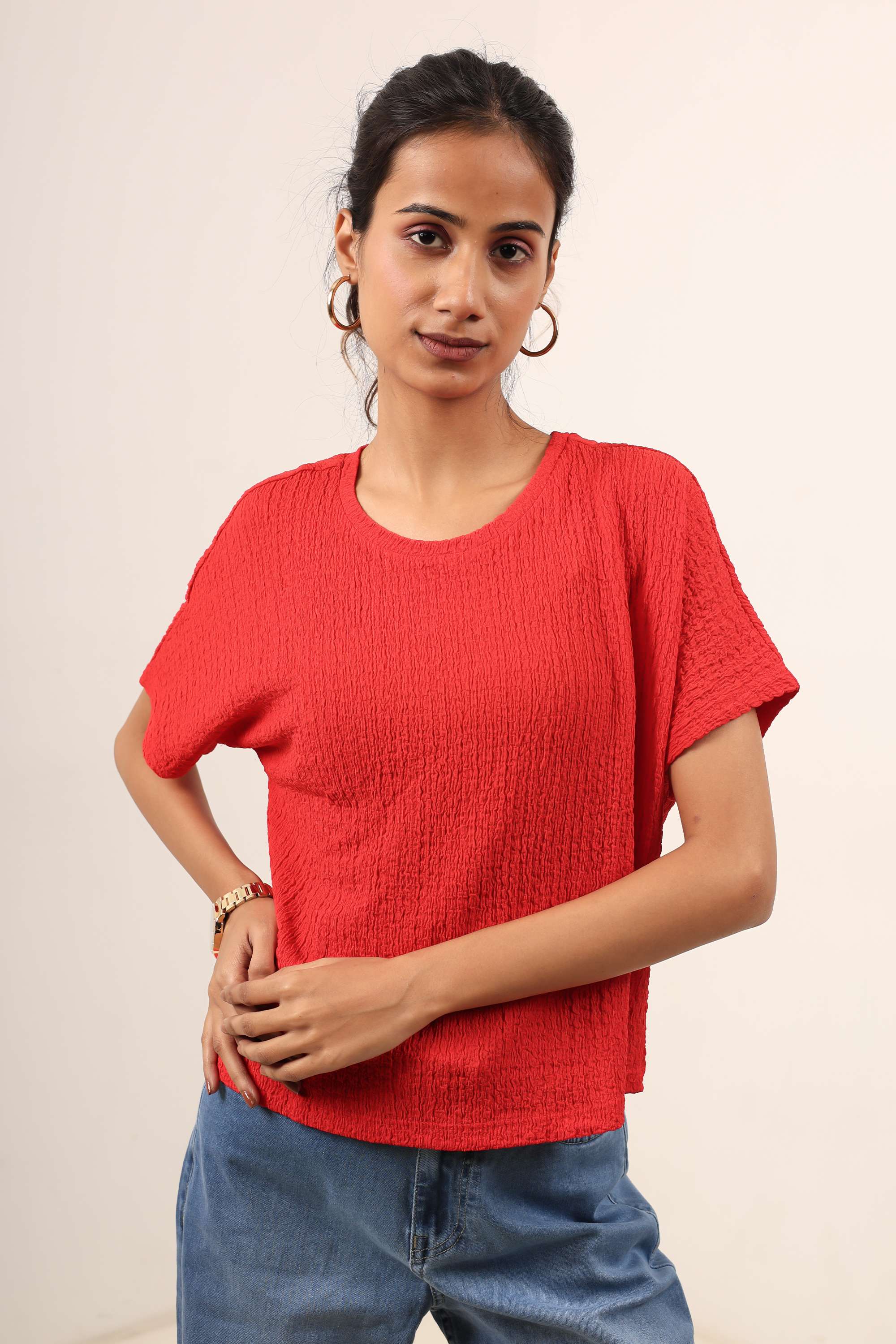 Solid-Blended-Fabric-Round-Neck-Women-s-Top