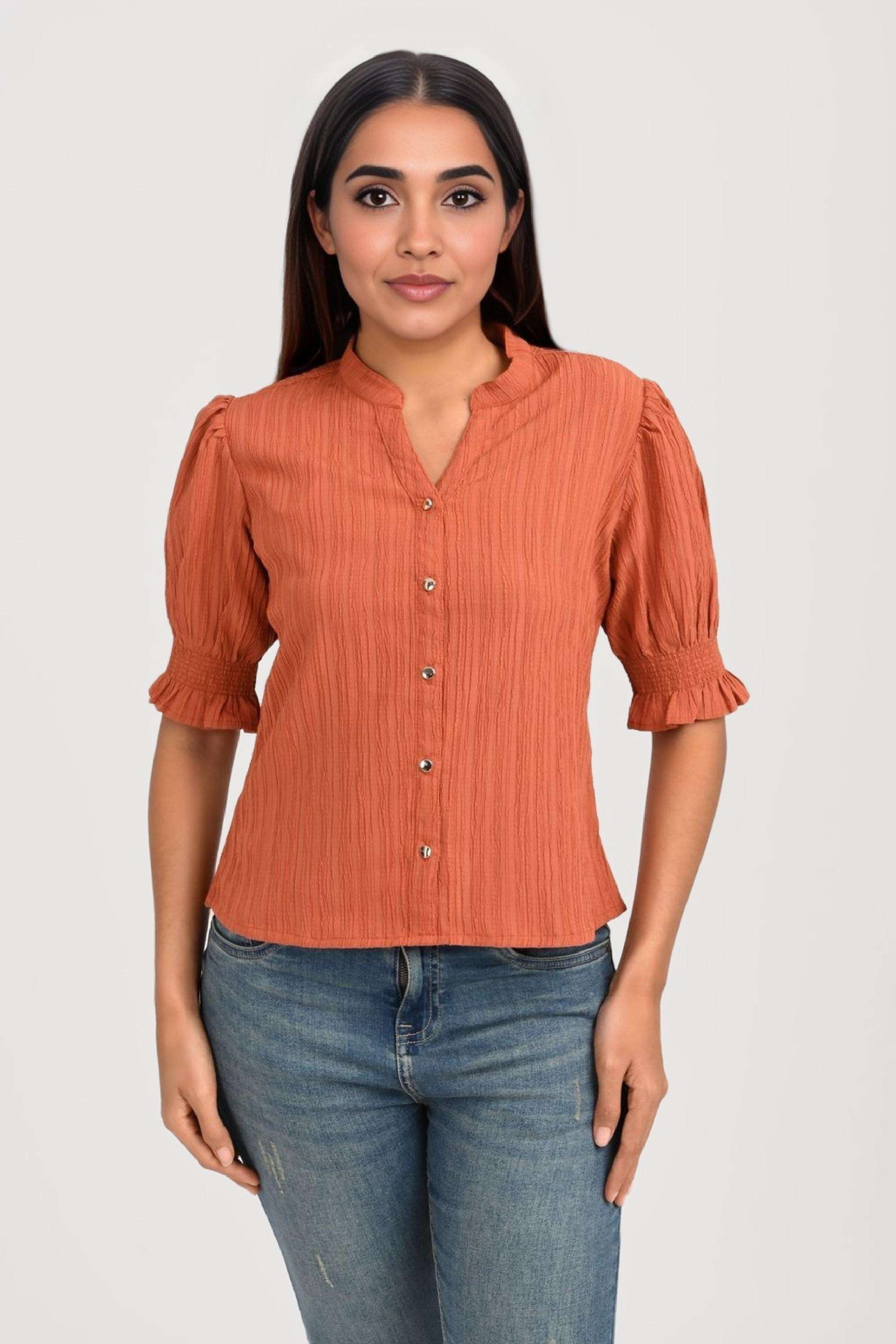 Solid-Blended-Fabric-V-Neck-Women-s-Top