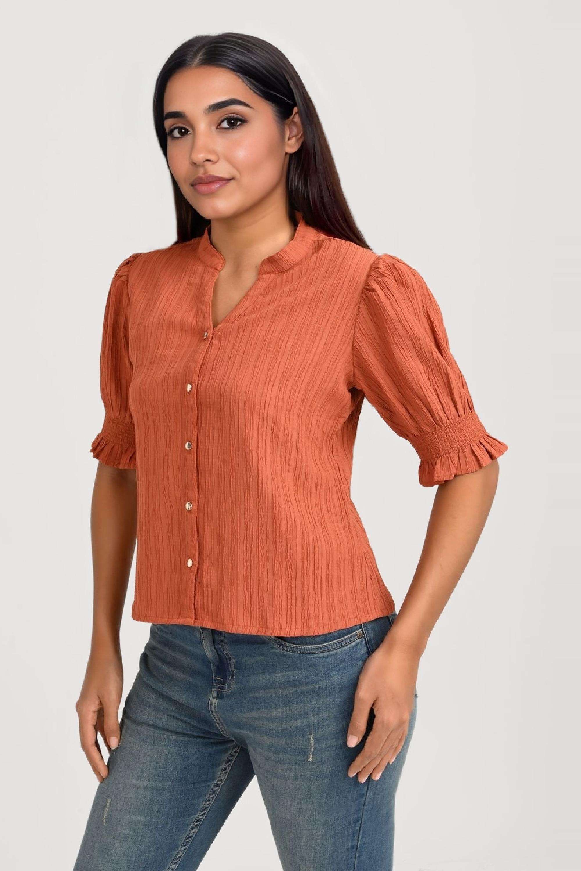 Solid-Blended-Fabric-V-Neck-Women-s-Top