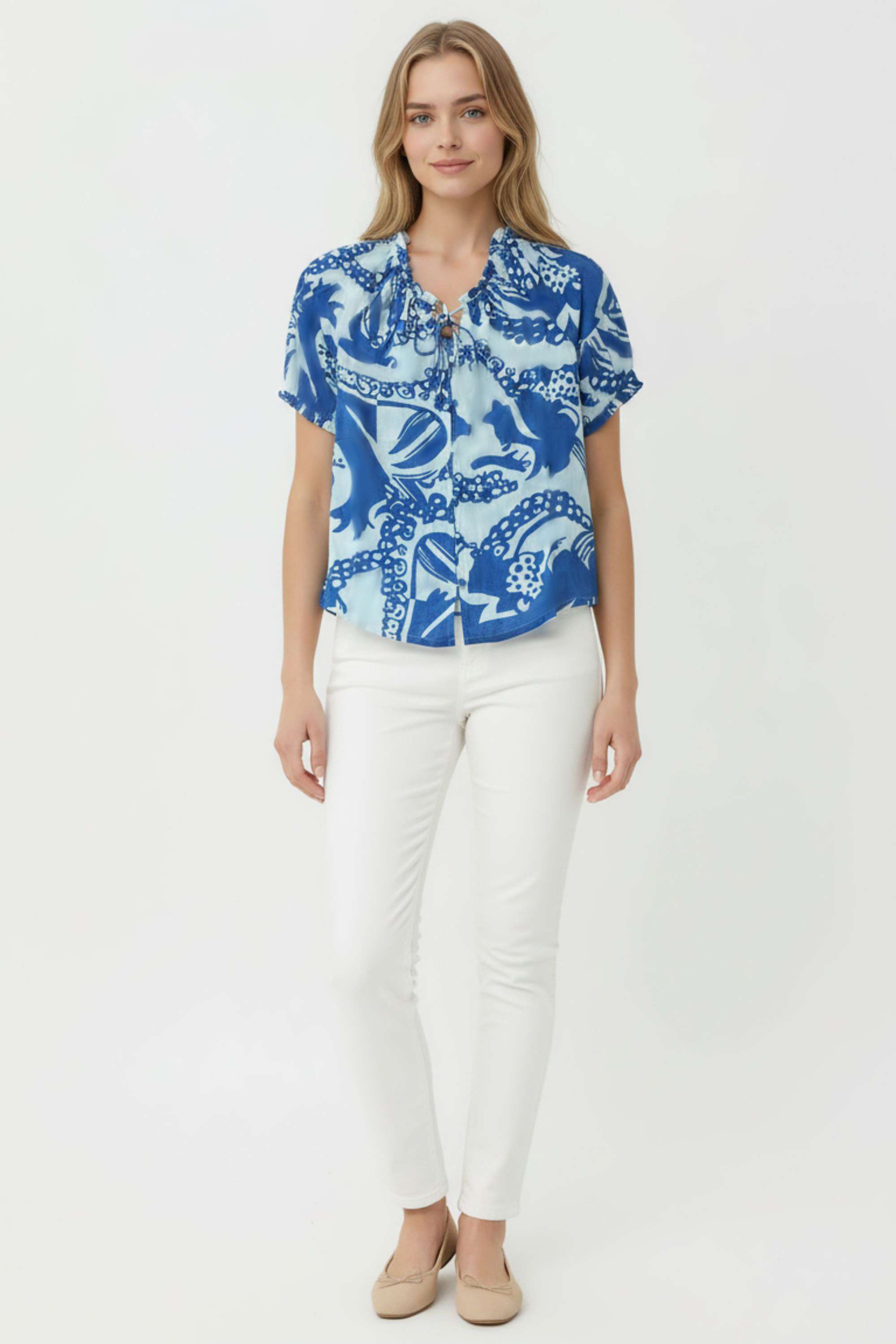 life Graphic Print Blended Fabric Tie Up Neck Women Top-picture-19