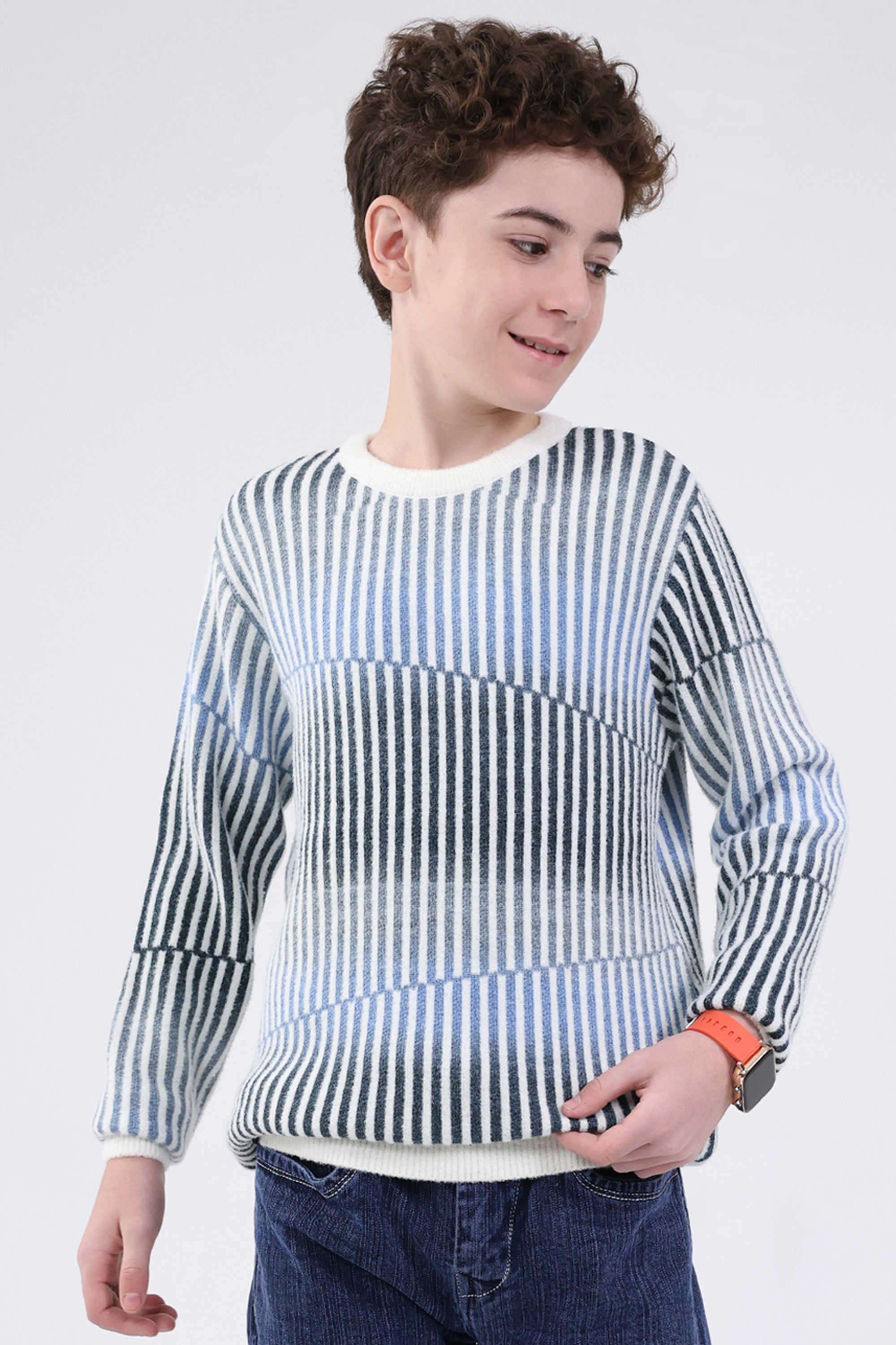 Stripes-Blended-Fabric-Round-Neck-Boys-Pullover