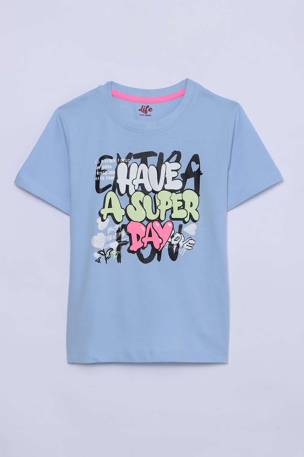 Graphic-Print-Blended-Fabric-Round-Neck-Girls-T-Shirt