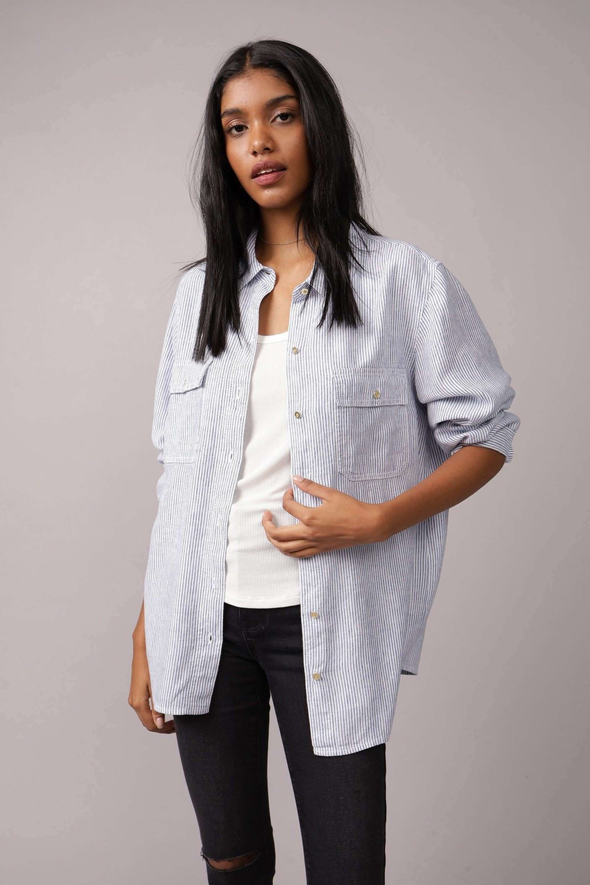 Solid-Collared-Blended-Fabric-Women-s-Casual-Shirt