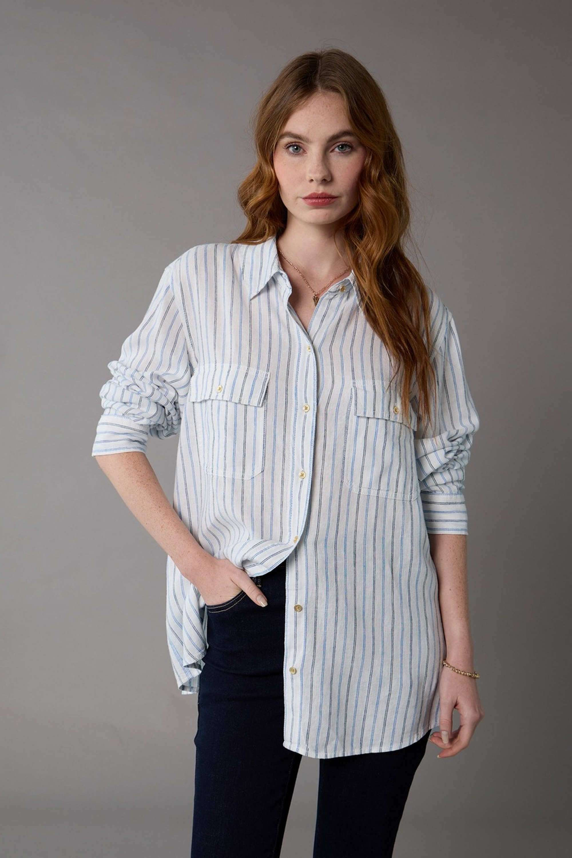 Solid-Collared-Blended-Fabric-Women-s-Casual-Shirt