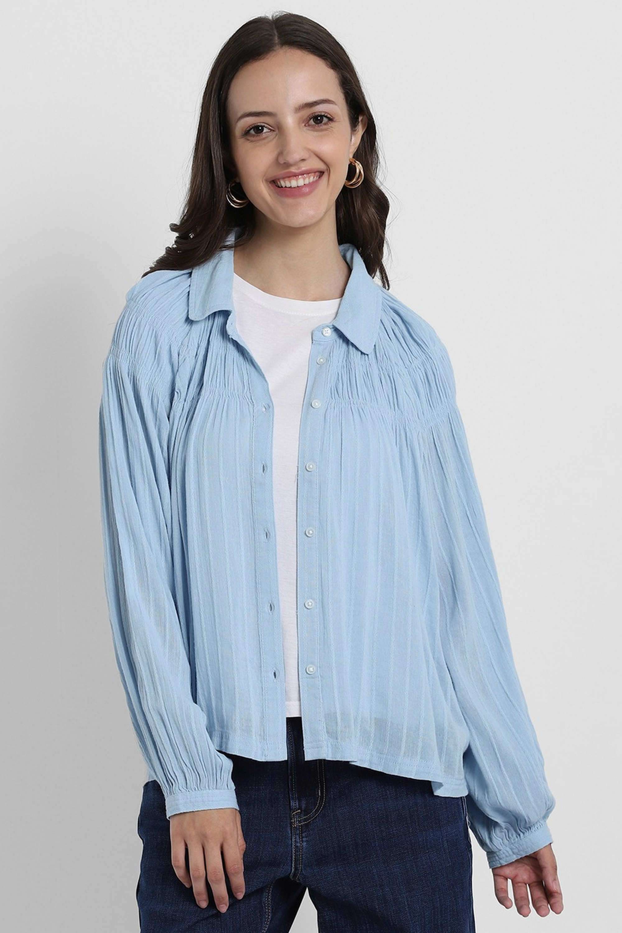 Solid-Collared-Blended-Fabric-Women-s-Casual-Shirt
