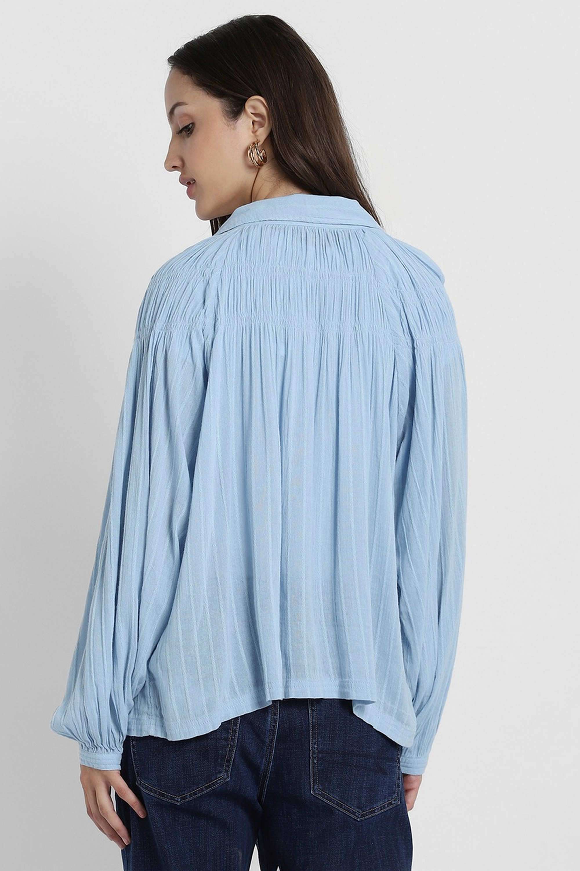 Solid-Collared-Blended-Fabric-Women-s-Casual-Shirt