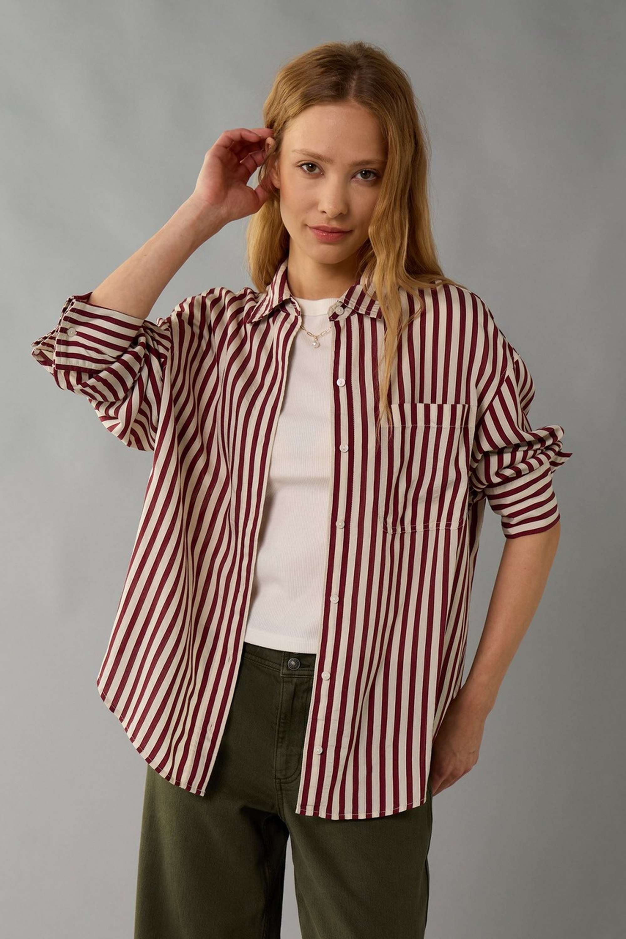 Stripes-Collared-Blended-Fabric-Women-Casual-Wear-Shirt