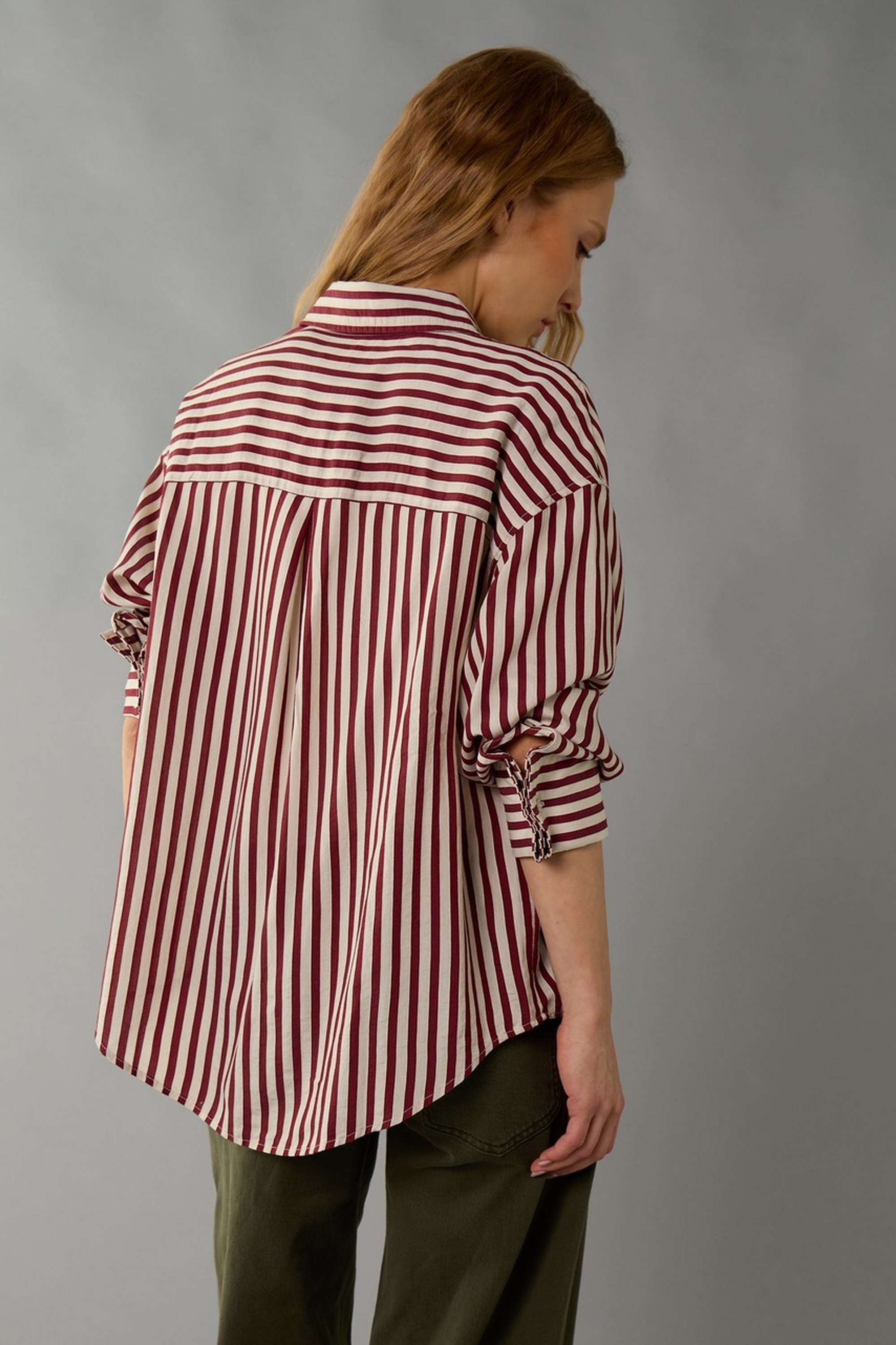 Stripes-Collared-Blended-Fabric-Women-Casual-Wear-Shirt
