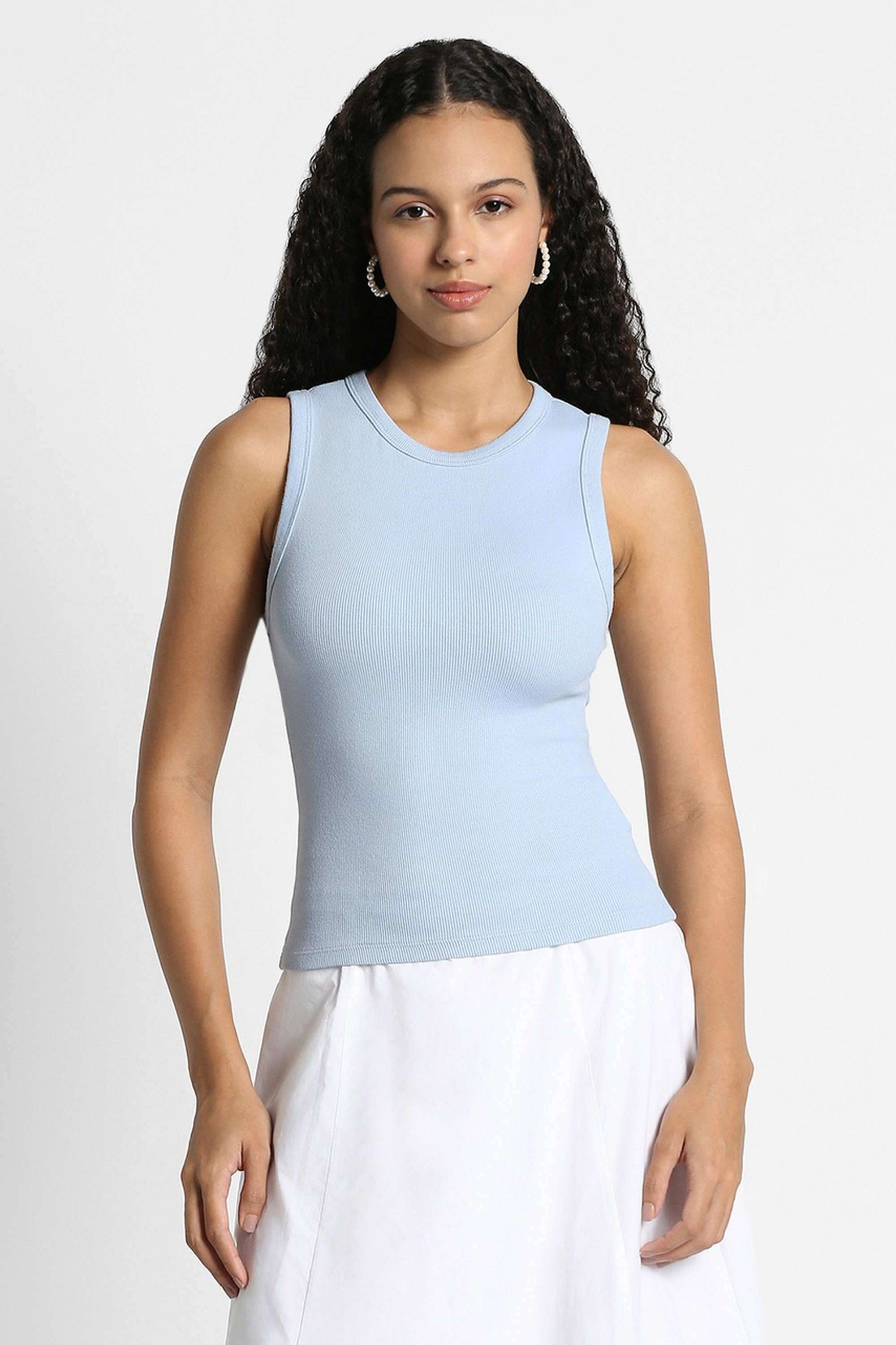 Solid-Blended-Fabric-Round-Neck-Women-Top