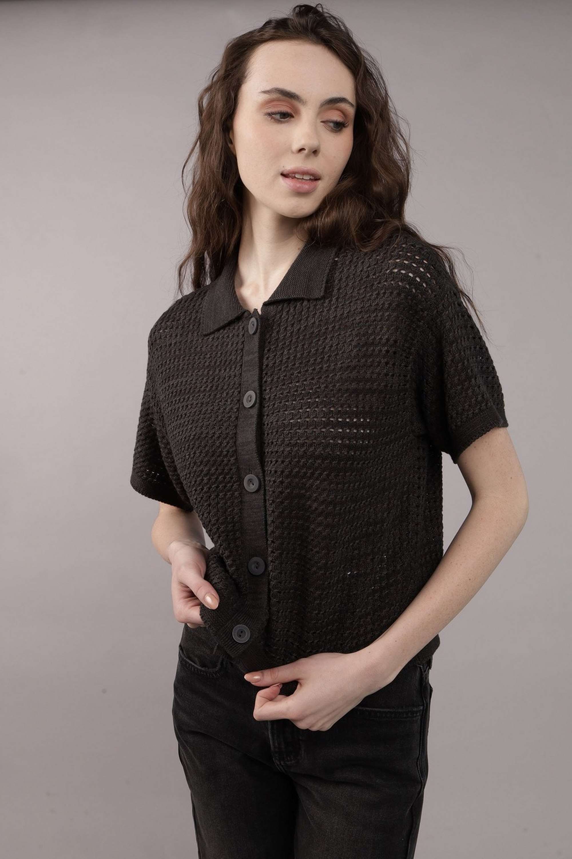 Textured Collared Blended Fabric Women Casual Wear Shirt-image-34