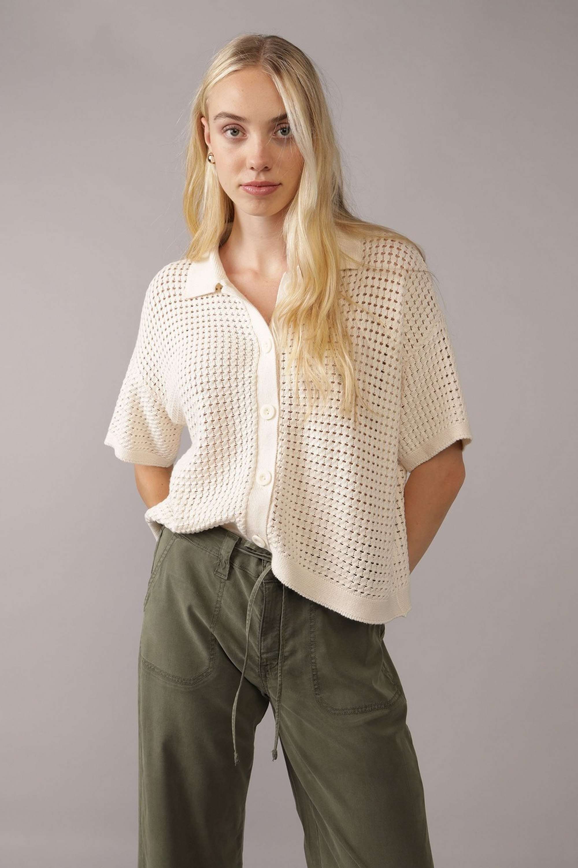 american eagle Textured Collared Blended Fabric Women Casual Wear Shirt-picture-10