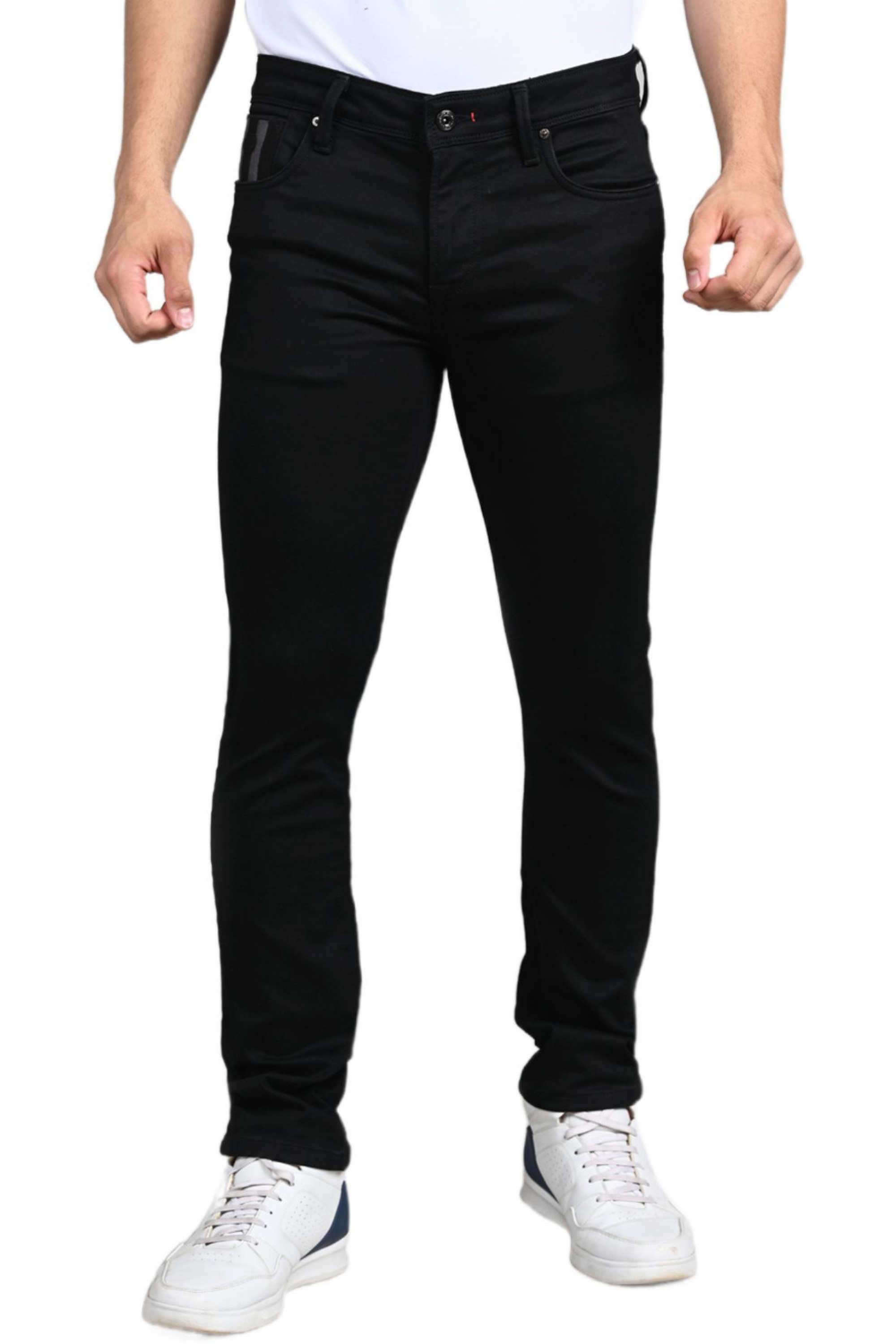 Solid-Cotton-Blend-Tapered-Fit-Men-s-Jeans